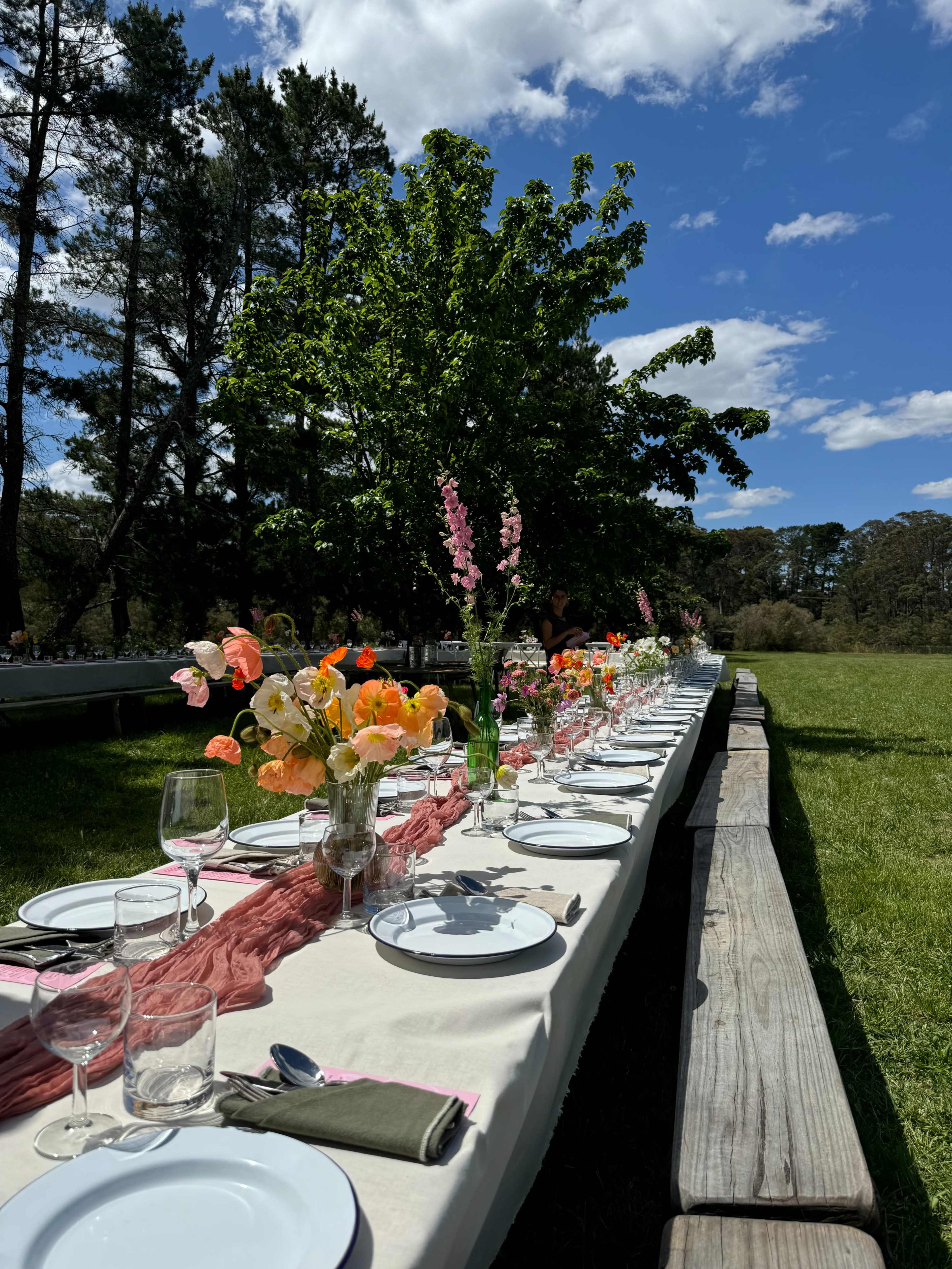 A long outdoor dining table is set with plates, glasses, and a centerpiece of colorful flowers under a blue sky with scattered clouds.