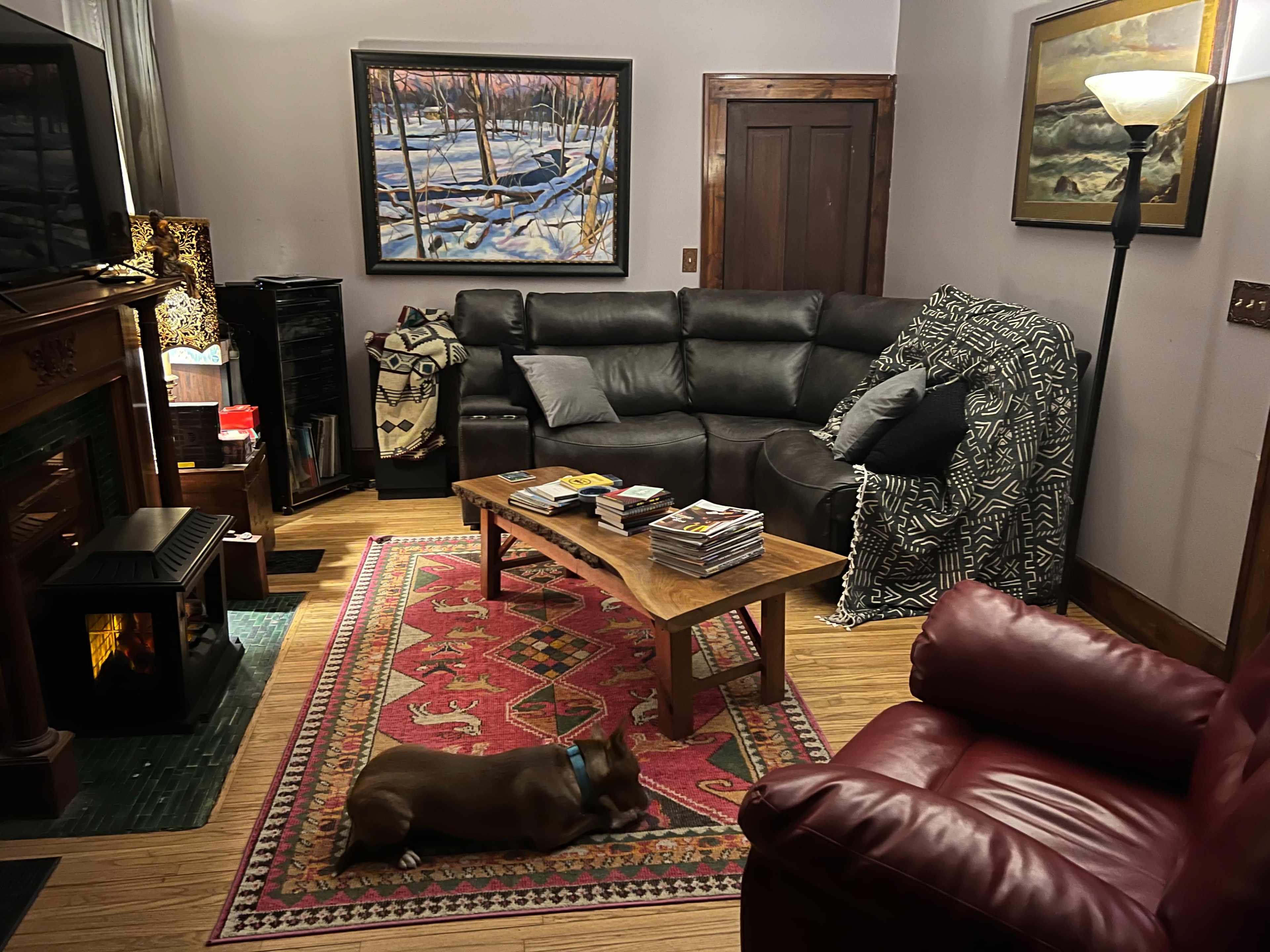 The living room features a dark leather sectional sofa, a wooden coffee table with magazines, and a dog lying on a colorful area rug.