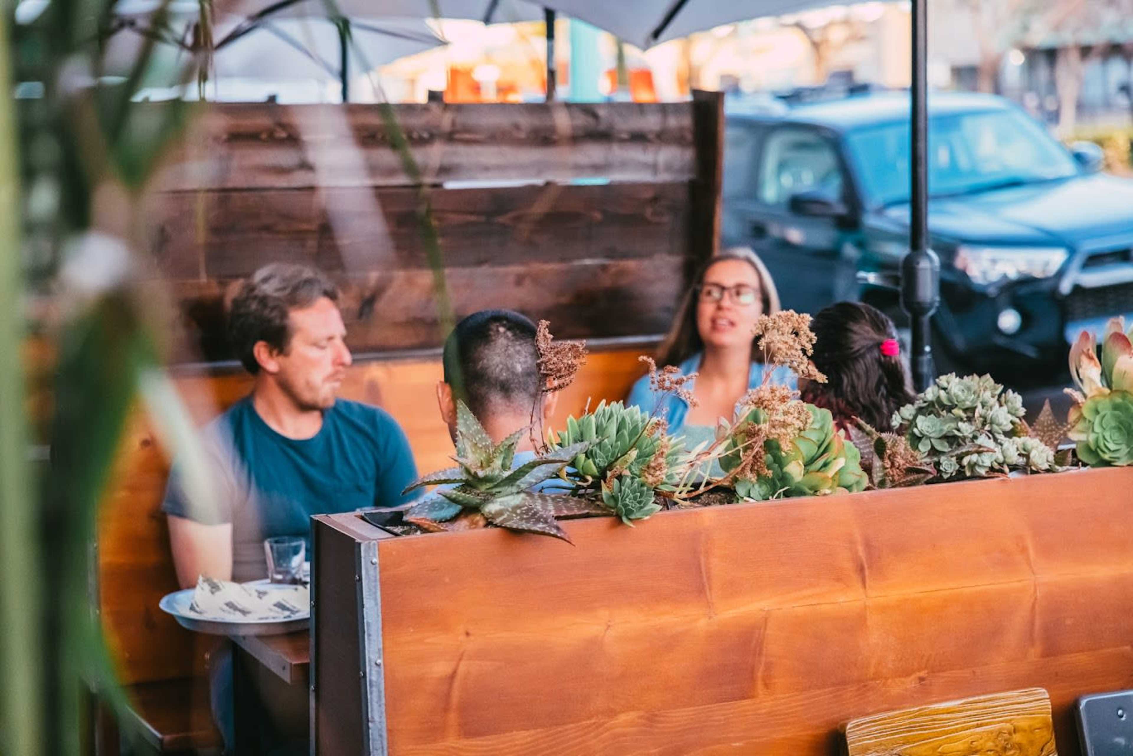 A group of people is seated at a table in a restaurant with wooden booths and potted succulents separating them.