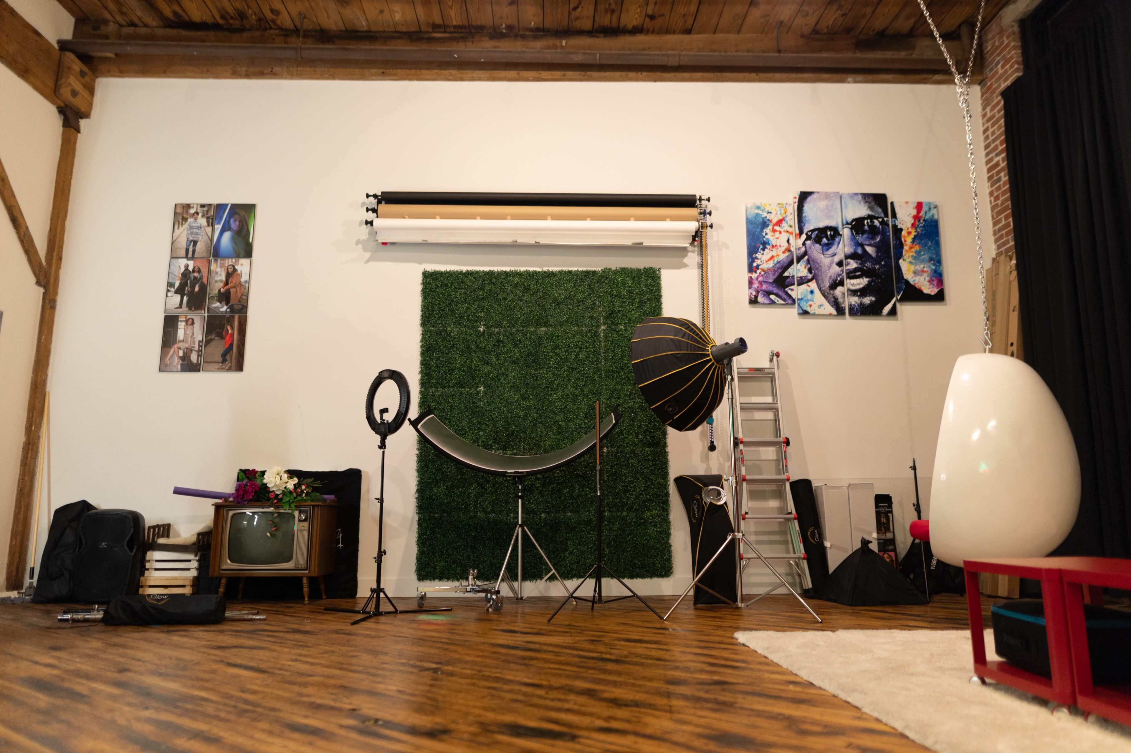 A photography studio with various equipment, including lighting setups, a ladder, and green foliage as a backdrop, alongside vintage and modern decor.