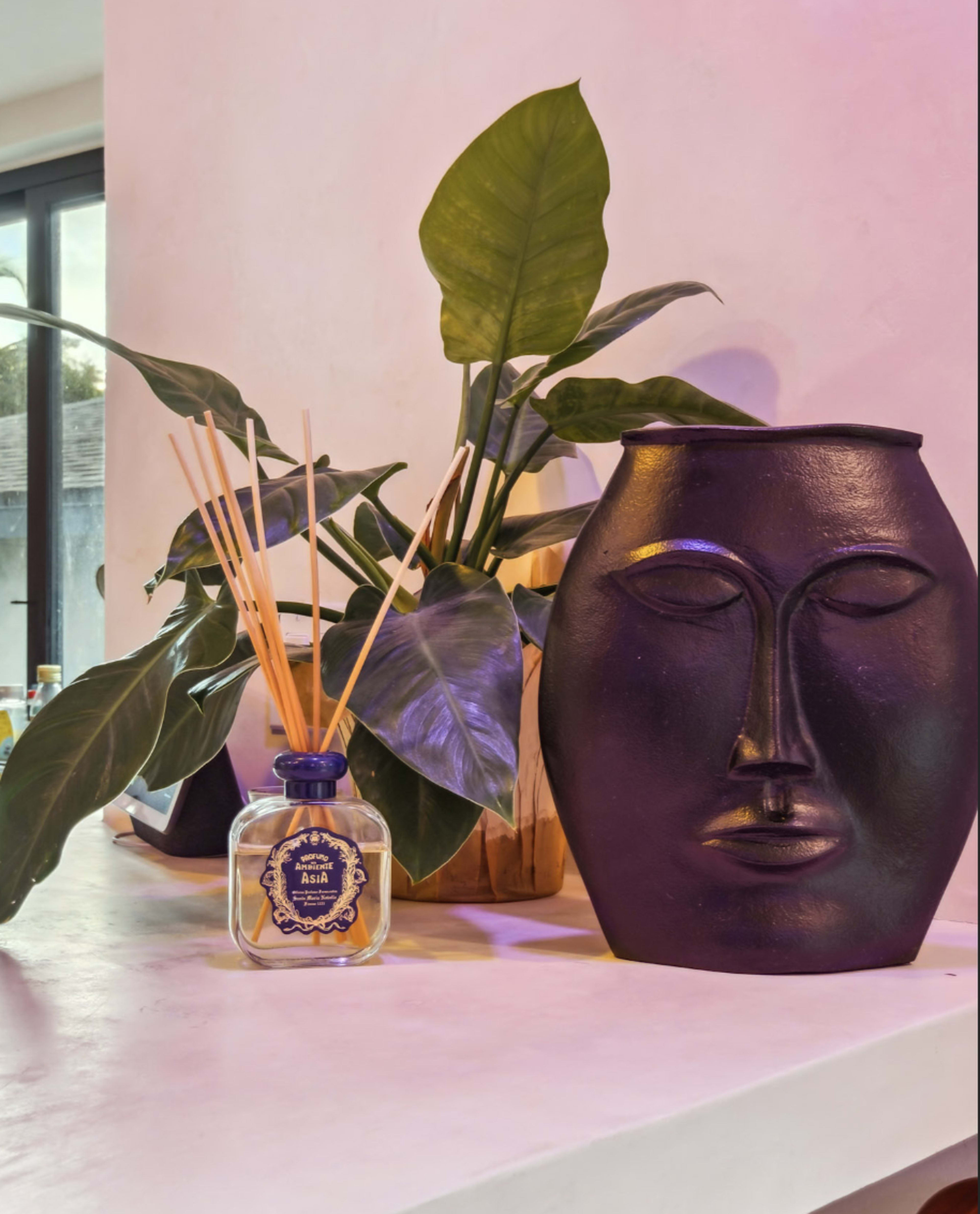 The image features a dark vase shaped like a face, a decorative bottle of fragrance, and lush green plants against a light-colored wall.