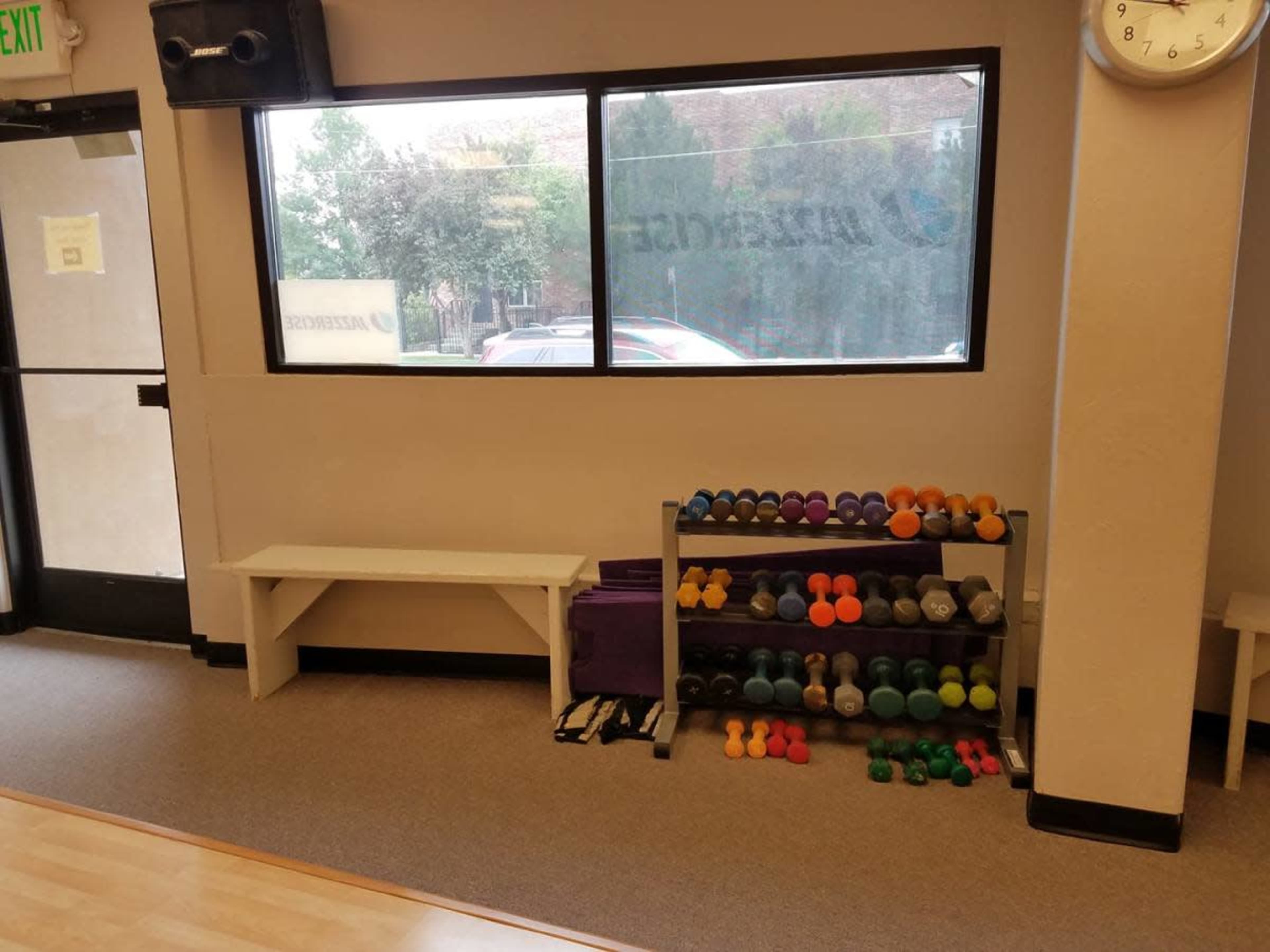 A fitness room with a shelf of colorful dumbbells and a bench beside a large window.