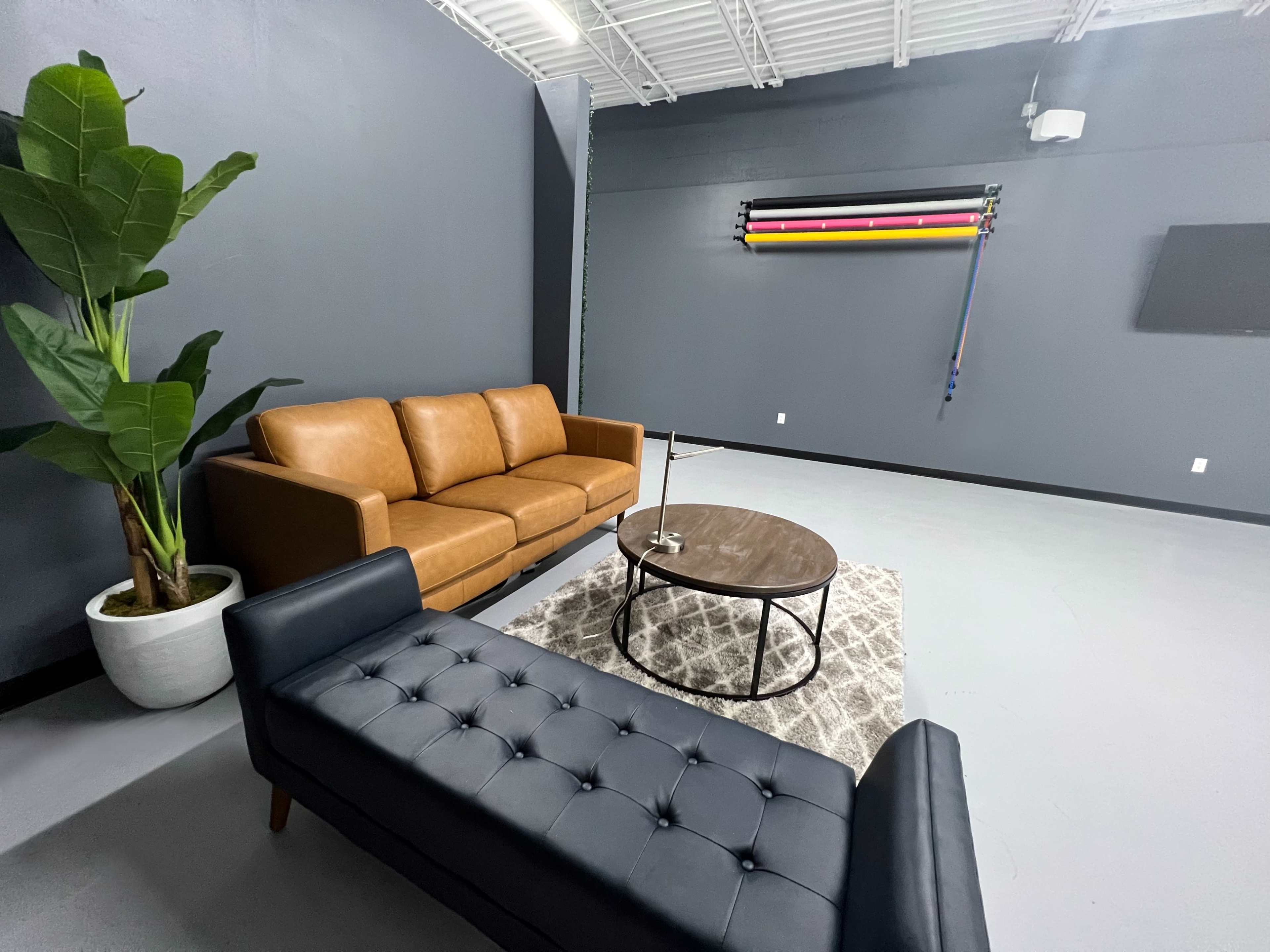 The image shows a modern lounge area featuring a brown leather sofa, a dark coffee table on a patterned rug, a potted plant, and colorful exercise bands hanging on the wall.