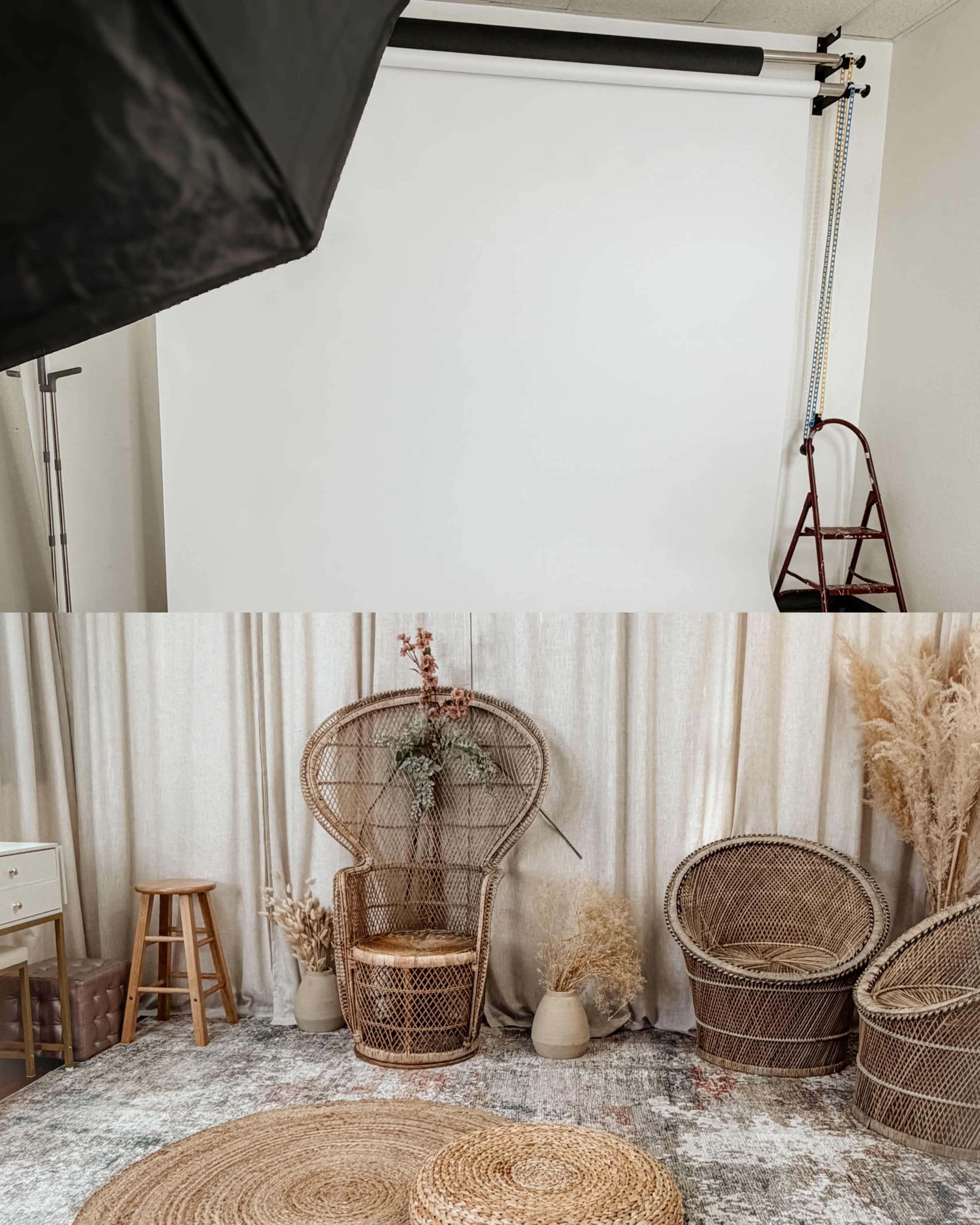 The image shows a photography setup featuring a white backdrop, a ladder, and a styled area with wicker chairs, decorative plants, and a circular rug.
