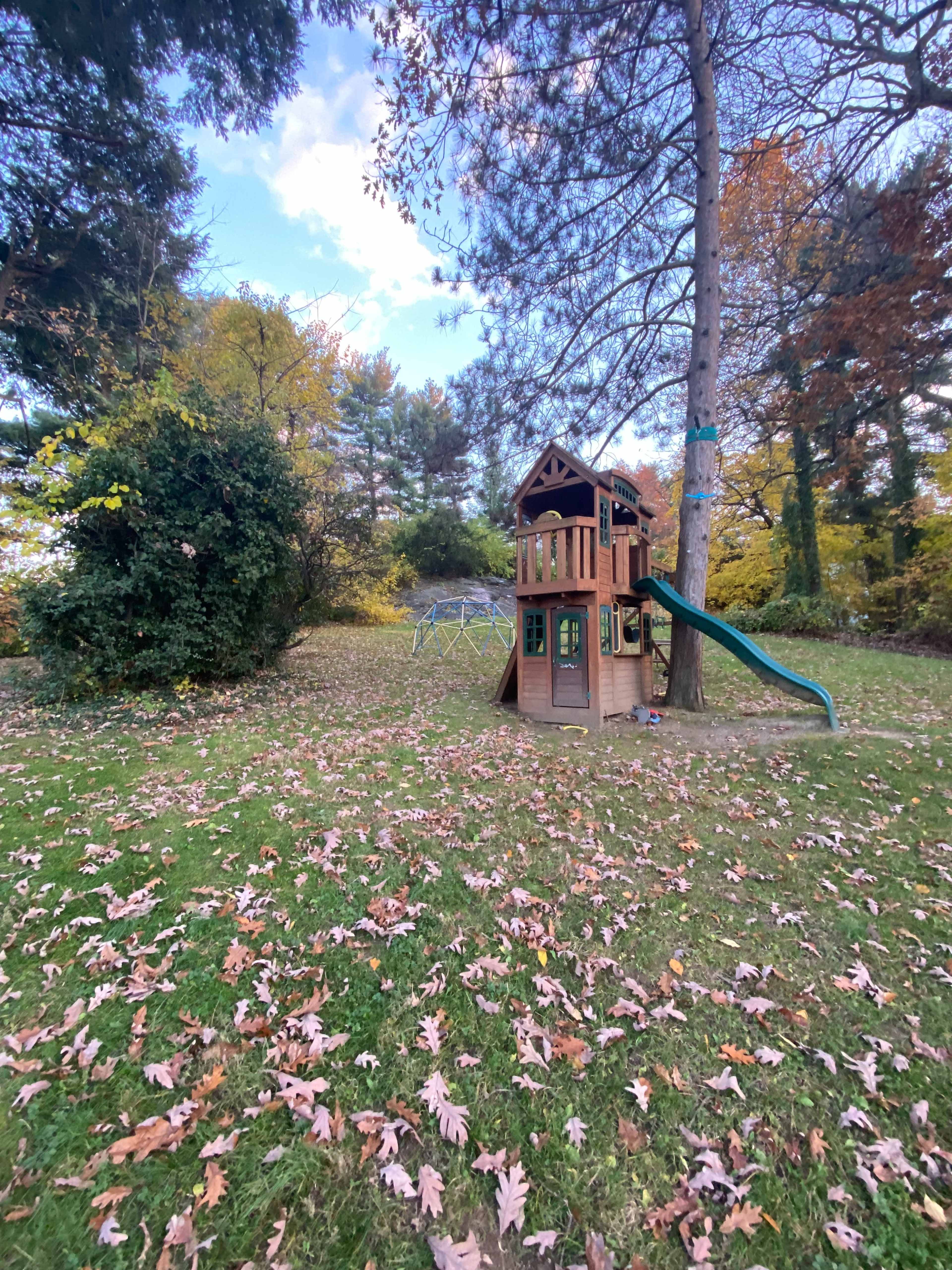 A wooden playhouse with a slide stands in a grassy area surrounded by fallen leaves and trees.
