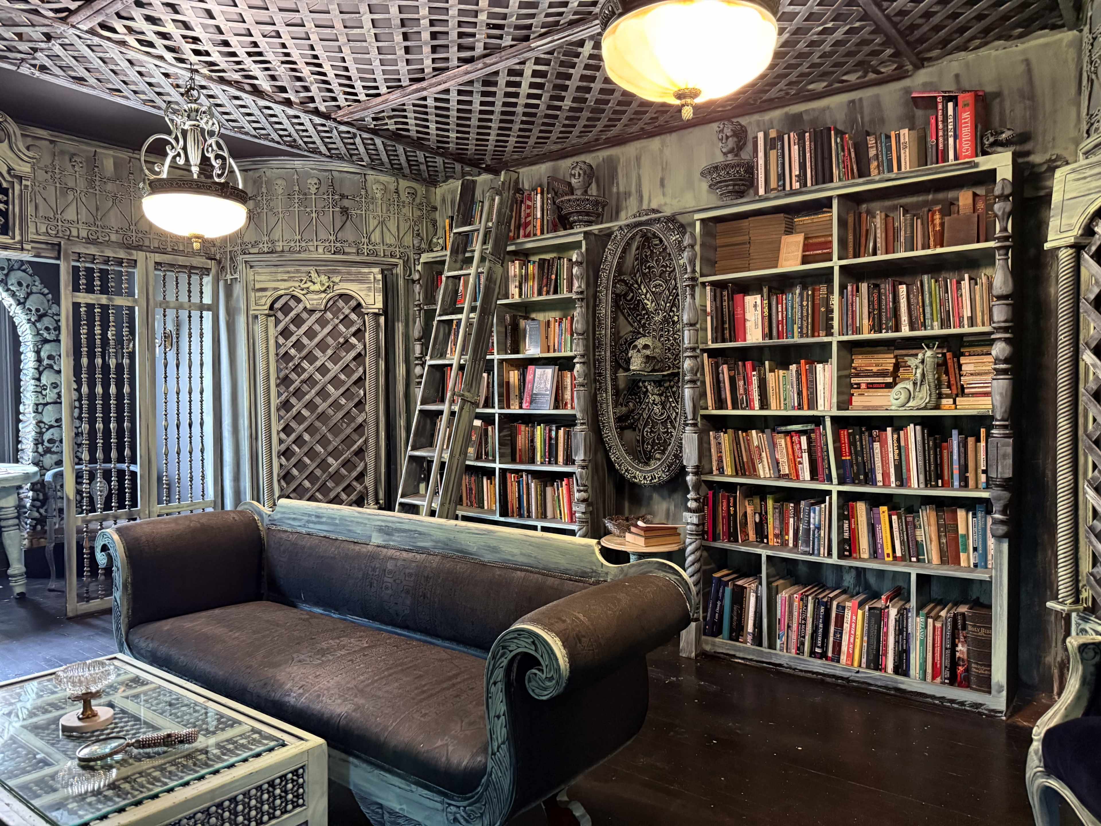 The image shows a room with ornate wooden shelves filled with books, a dark sofa, and decorative wall panels featuring intricate designs.