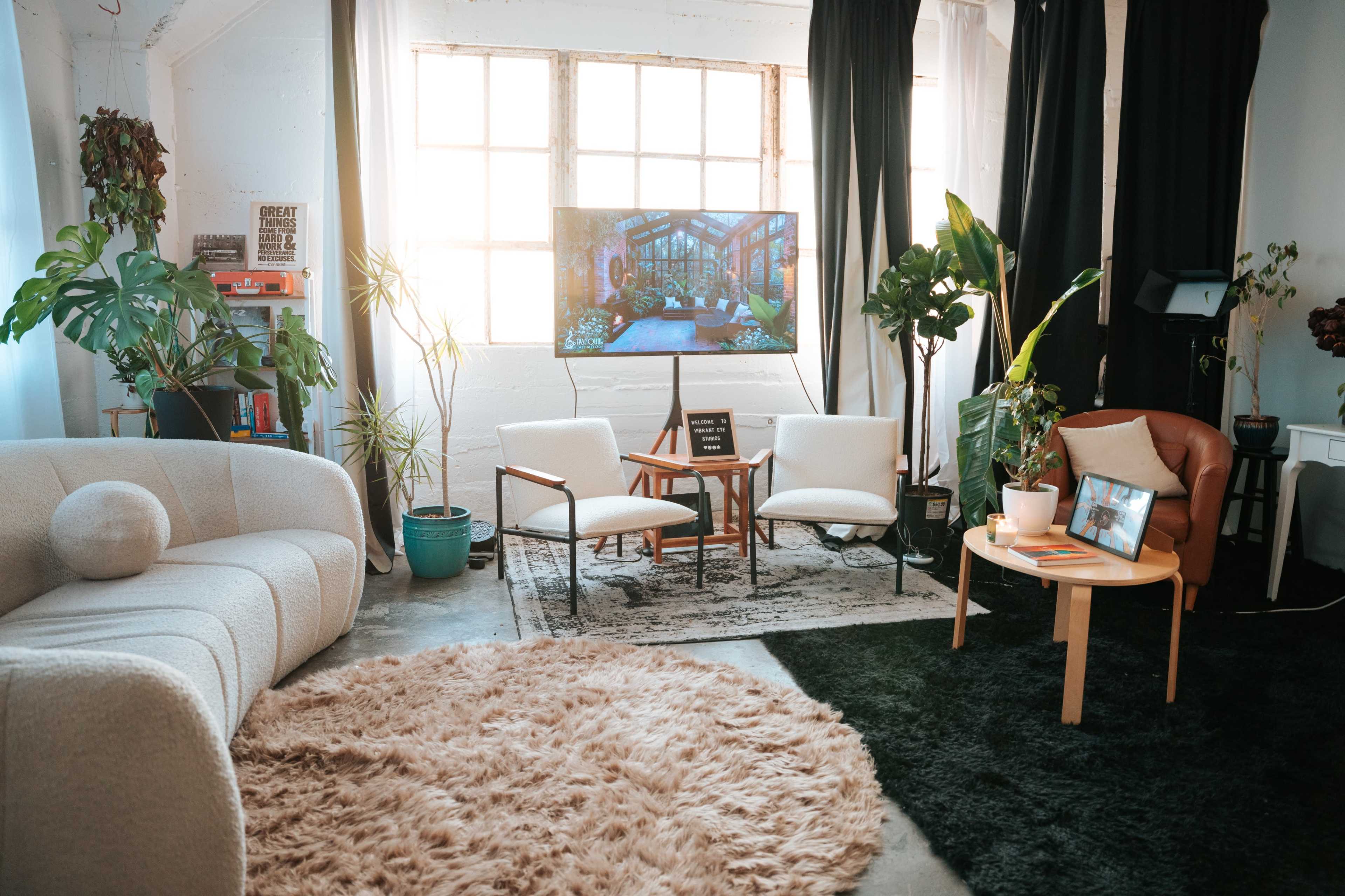 A cozy living room features two armchairs and a sofa, surrounded by several potted plants, with a television displaying a scenic image and natural light streaming through large windows.