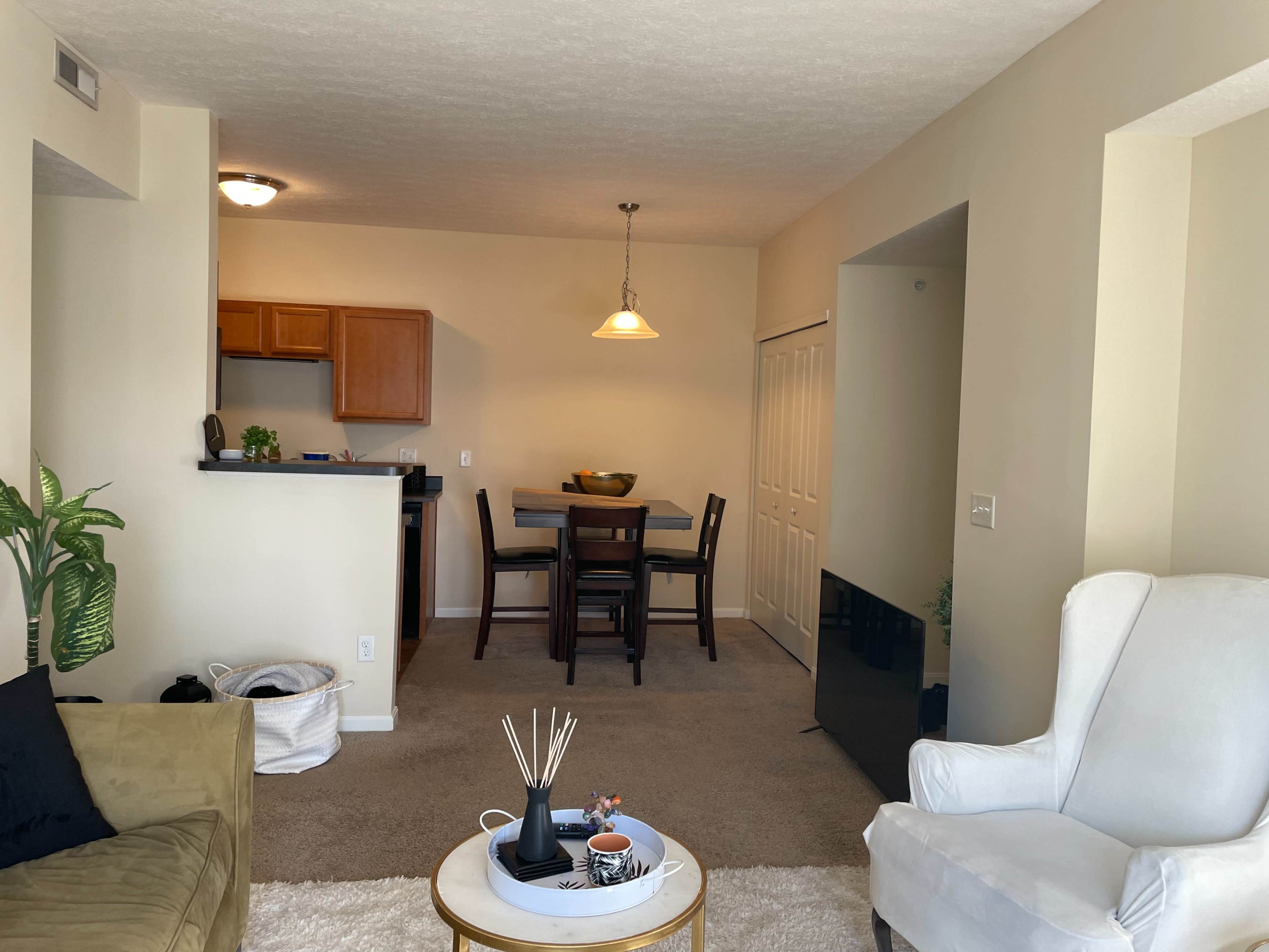 A living area with a beige carpet, a green sofa, a white armchair, a coffee table with decorative items, and a dining table with chairs in the background near a kitchen.