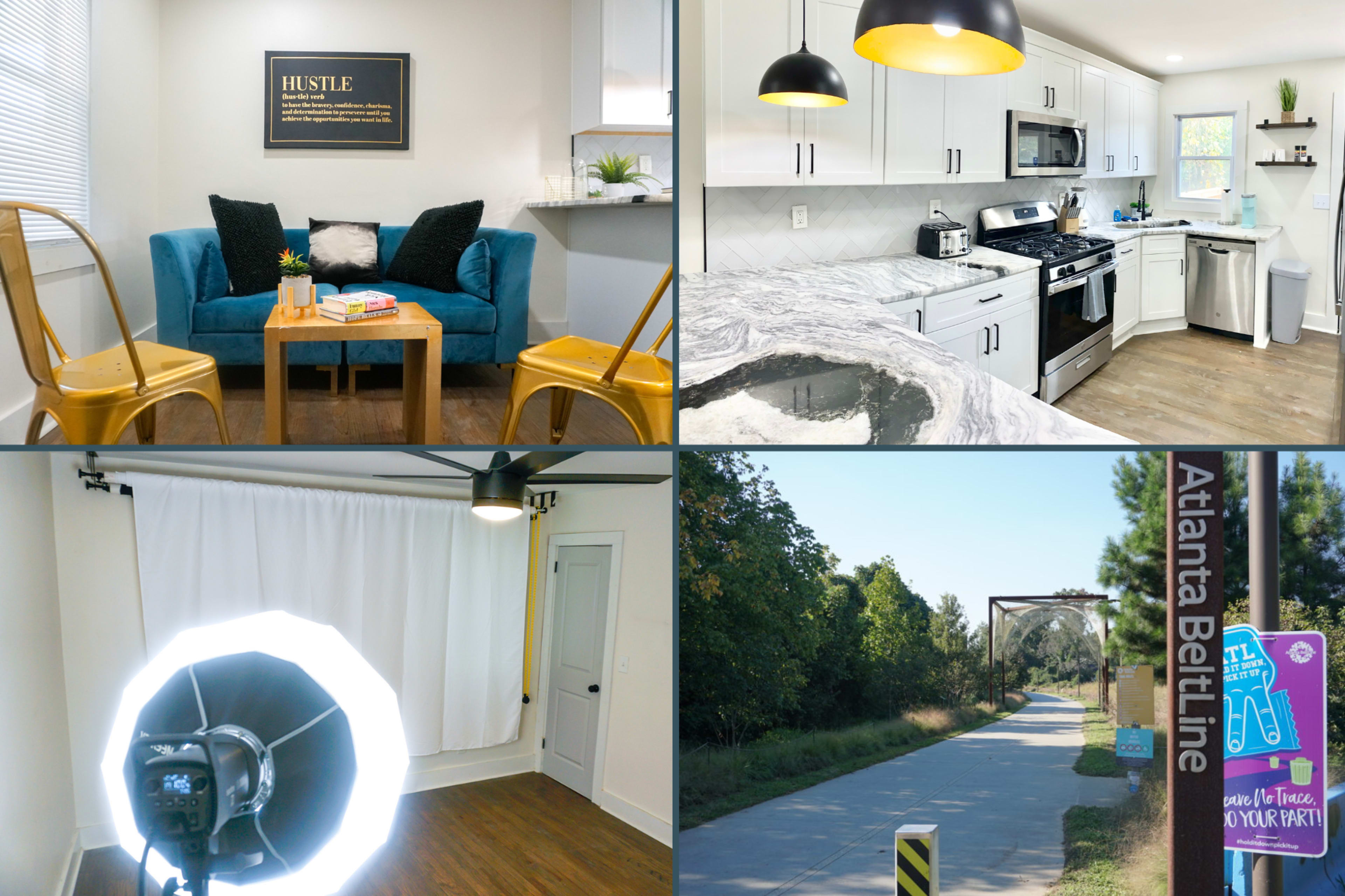 The image features a collage with four scenes: a cozy sitting area with a blue couch and gold chairs, a modern kitchen with white cabinets and marble countertops, a photography setup with a large light, and a view of the Atlanta Beltline trail with signage.