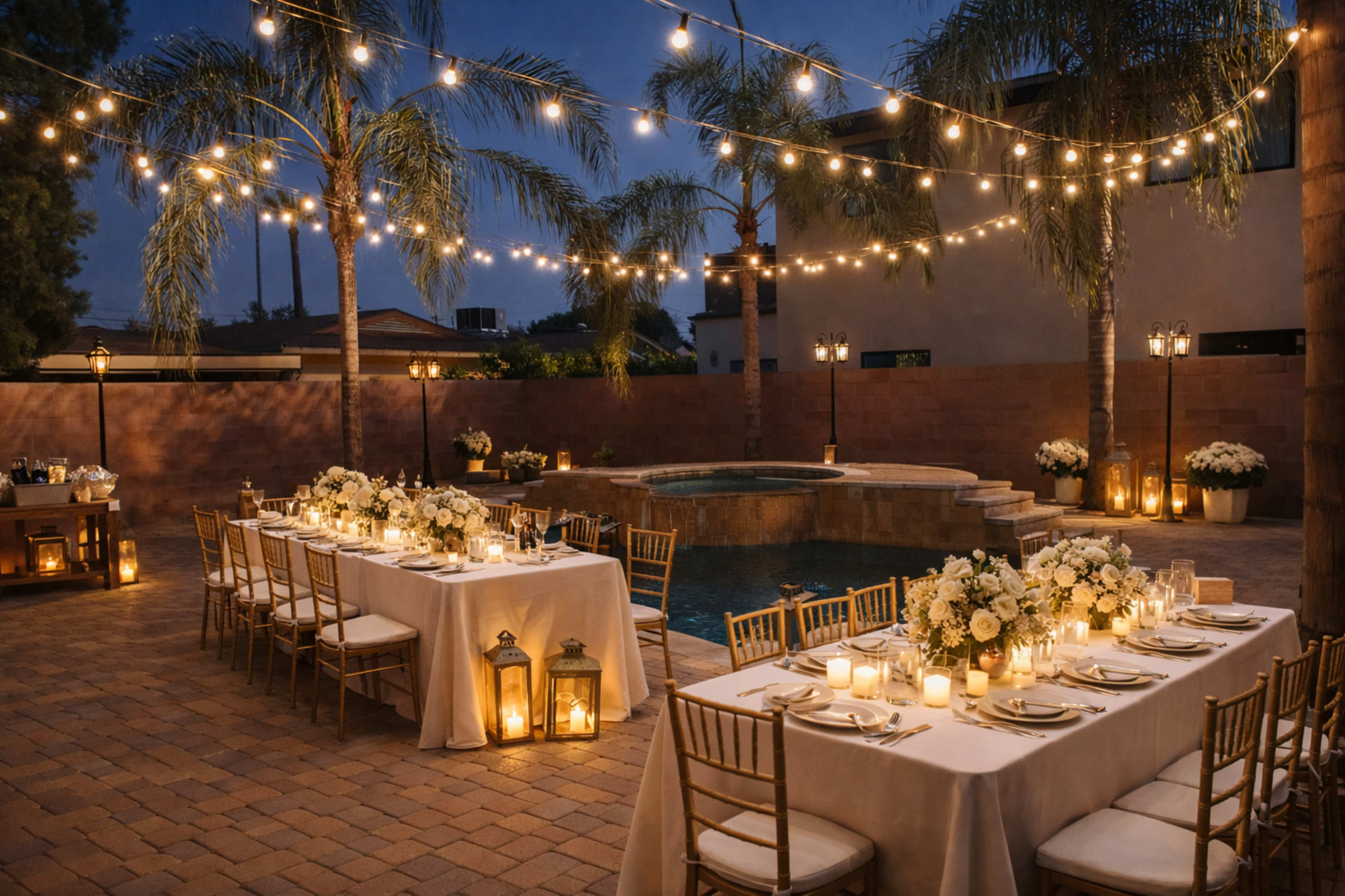 An outdoor dining setup features elegantly arranged tables with white tablecloths, surrounded by palm trees and softly glowing string lights, with a pool in the background.