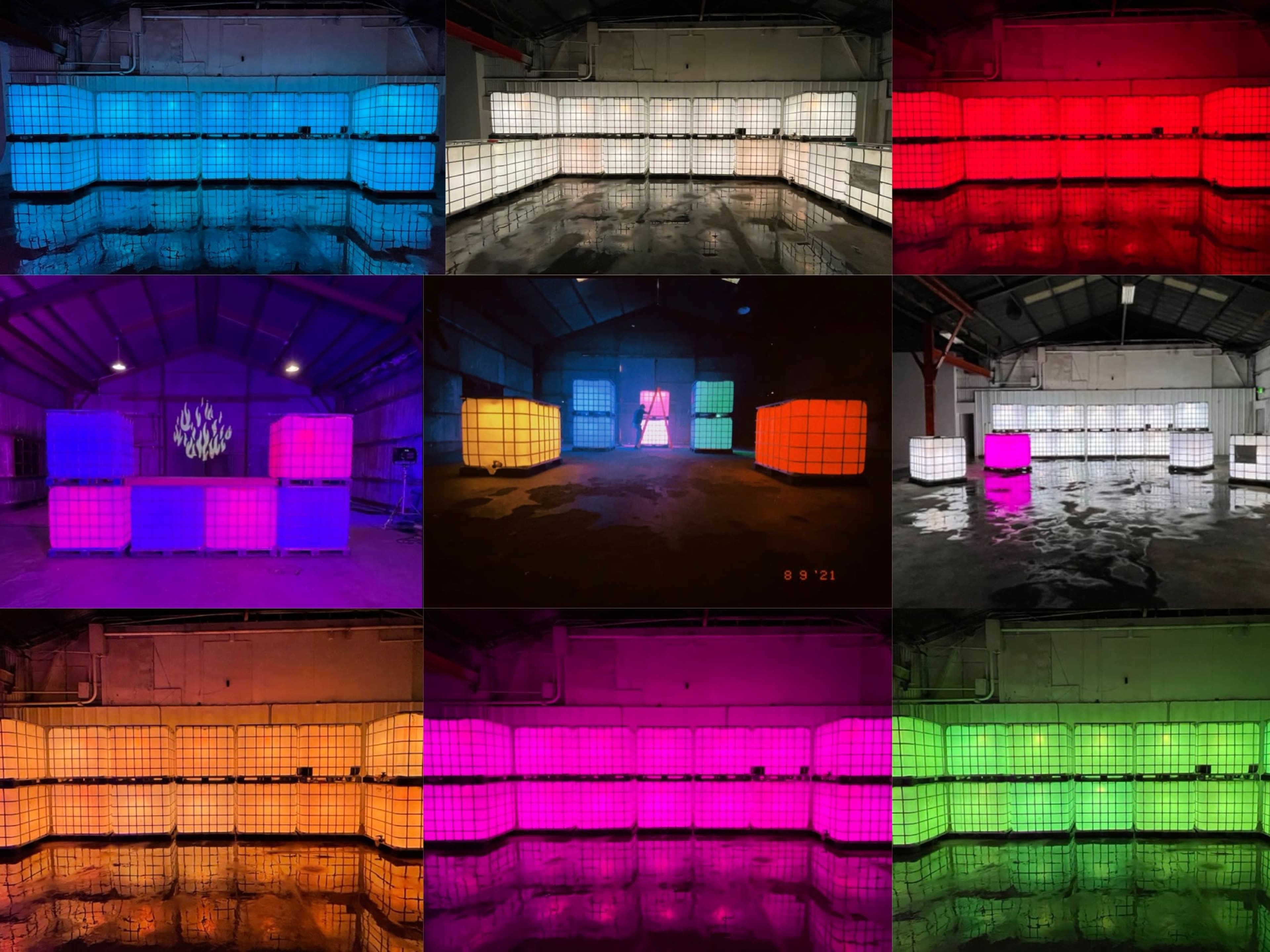 The image shows a grid of nine photos displaying colored illuminated plastic containers arranged in an industrial space with reflections on the wet floor.