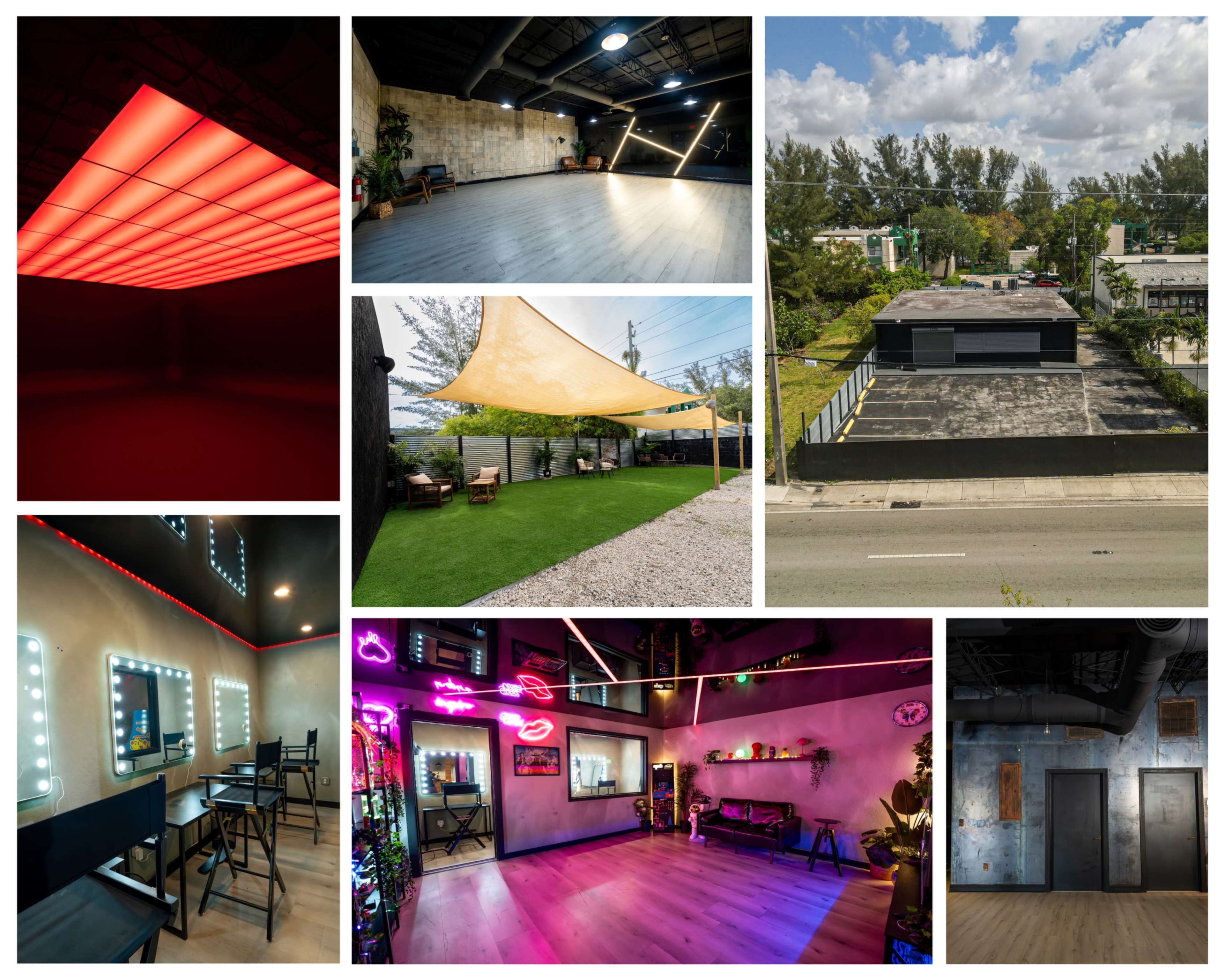 The image showcases a collage of various indoor and outdoor spaces, including a brightly lit studio with LED panels, a lounge area with green grass and shade, and a building surrounded by trees.