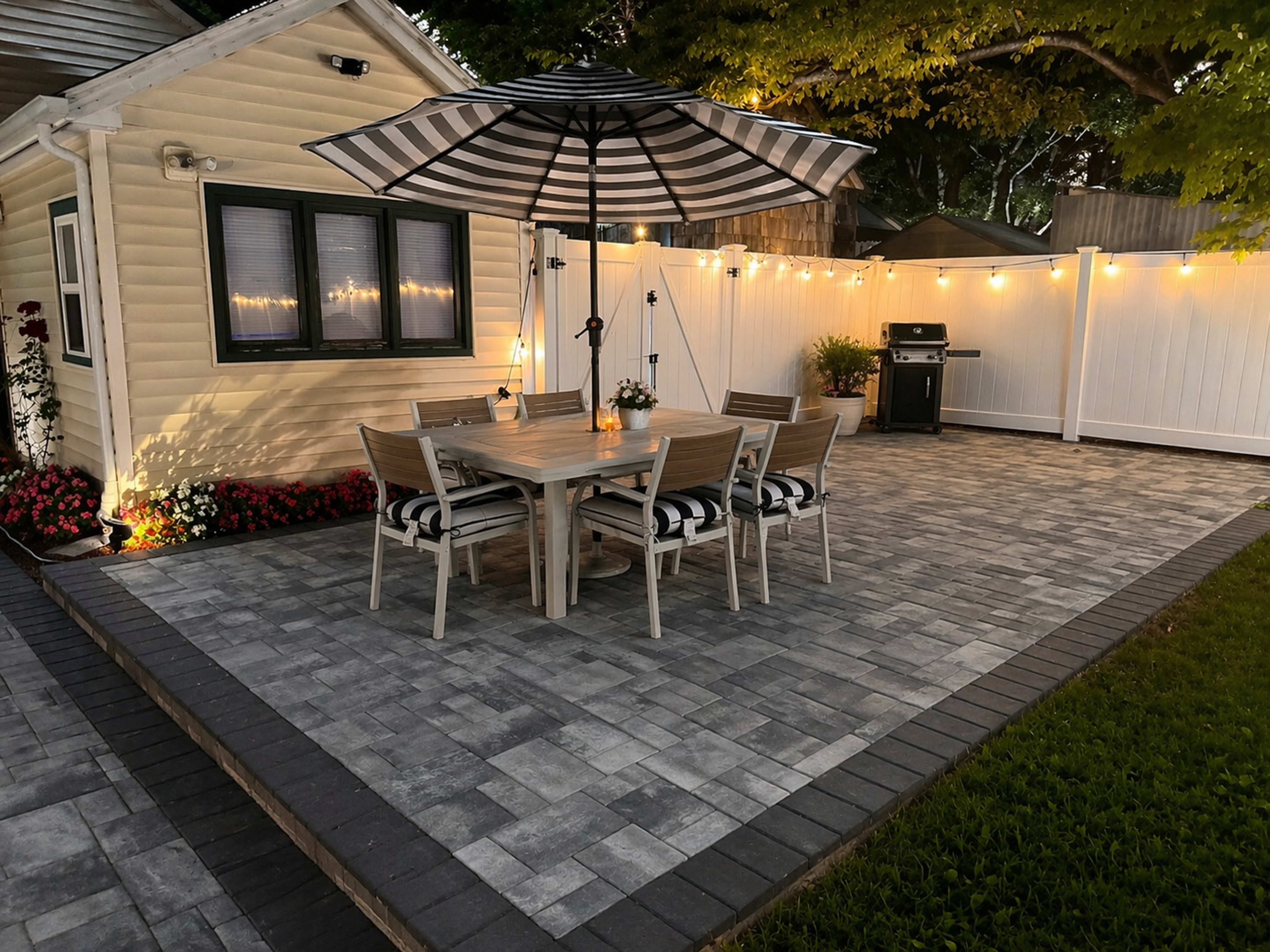 The image shows a patio with a wooden dining table and chairs, an umbrella, and a grill, surrounded by landscaped flower beds and illuminated by string lights at dusk.