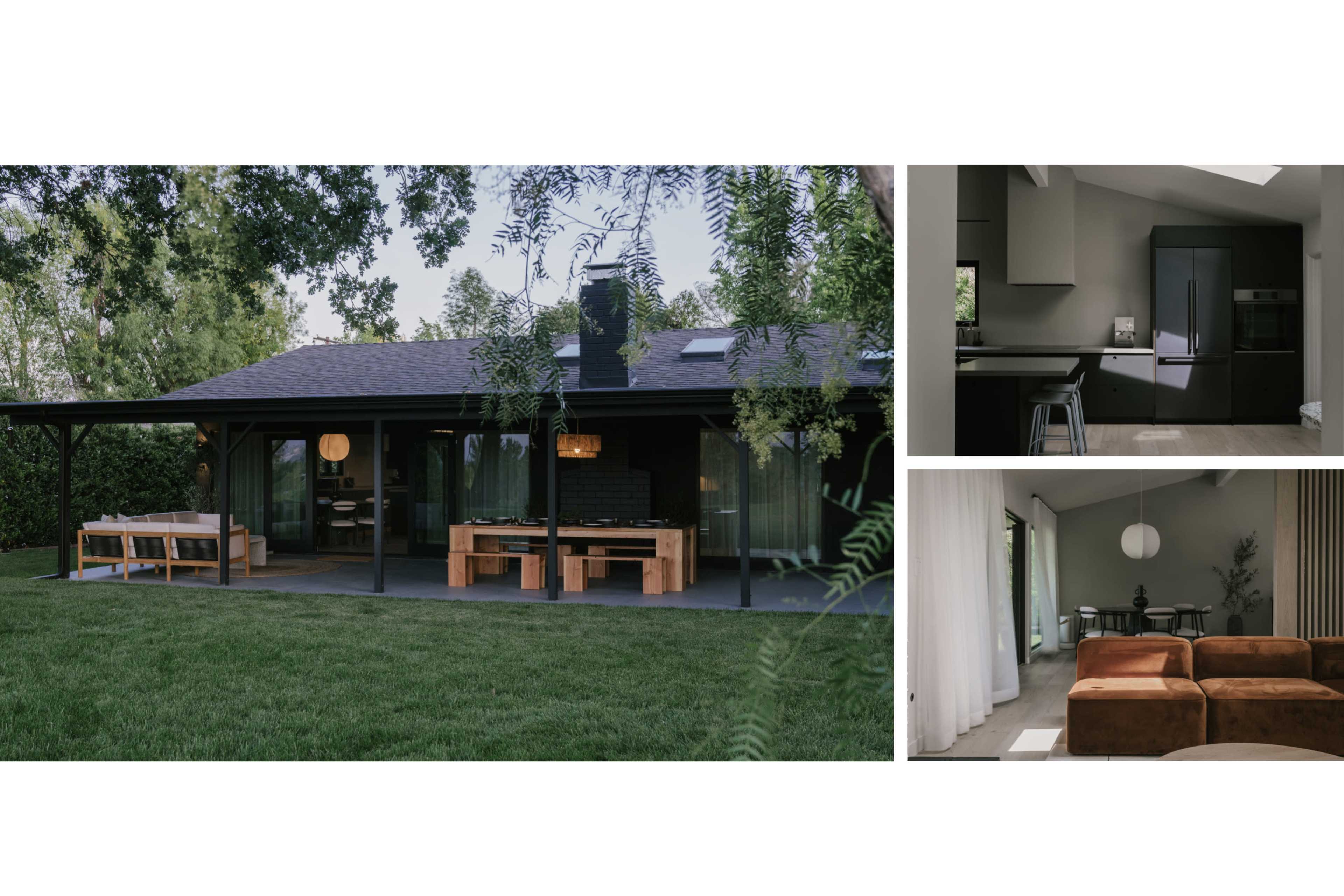 A modern, single-story black house with a spacious patio surrounded by green grass and trees, accompanied by interior views of a kitchen and living area.