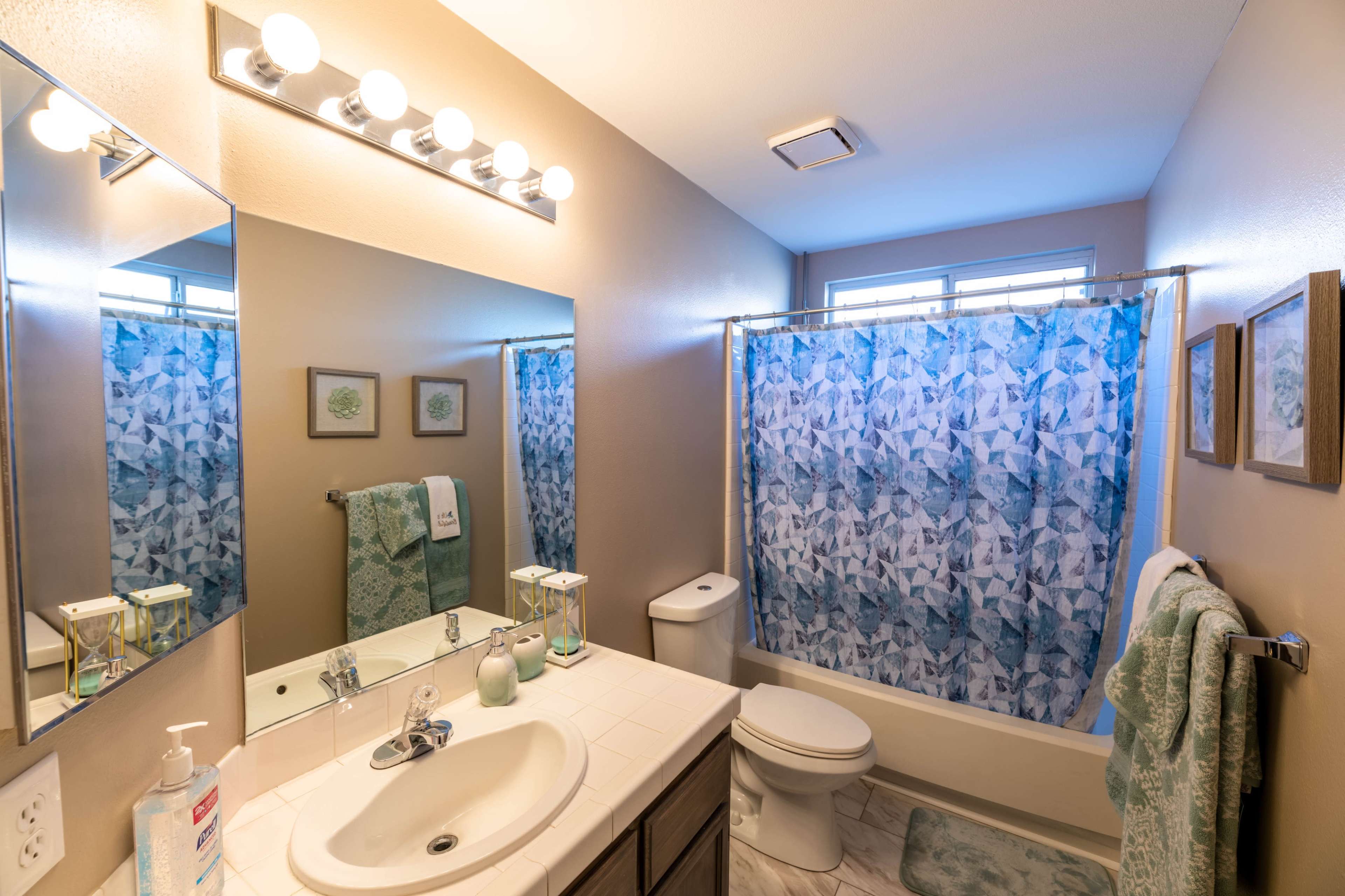 The bathroom features a sink with a mirror above, a toilet, a bathtub with a patterned shower curtain, and light fixtures along the ceiling.