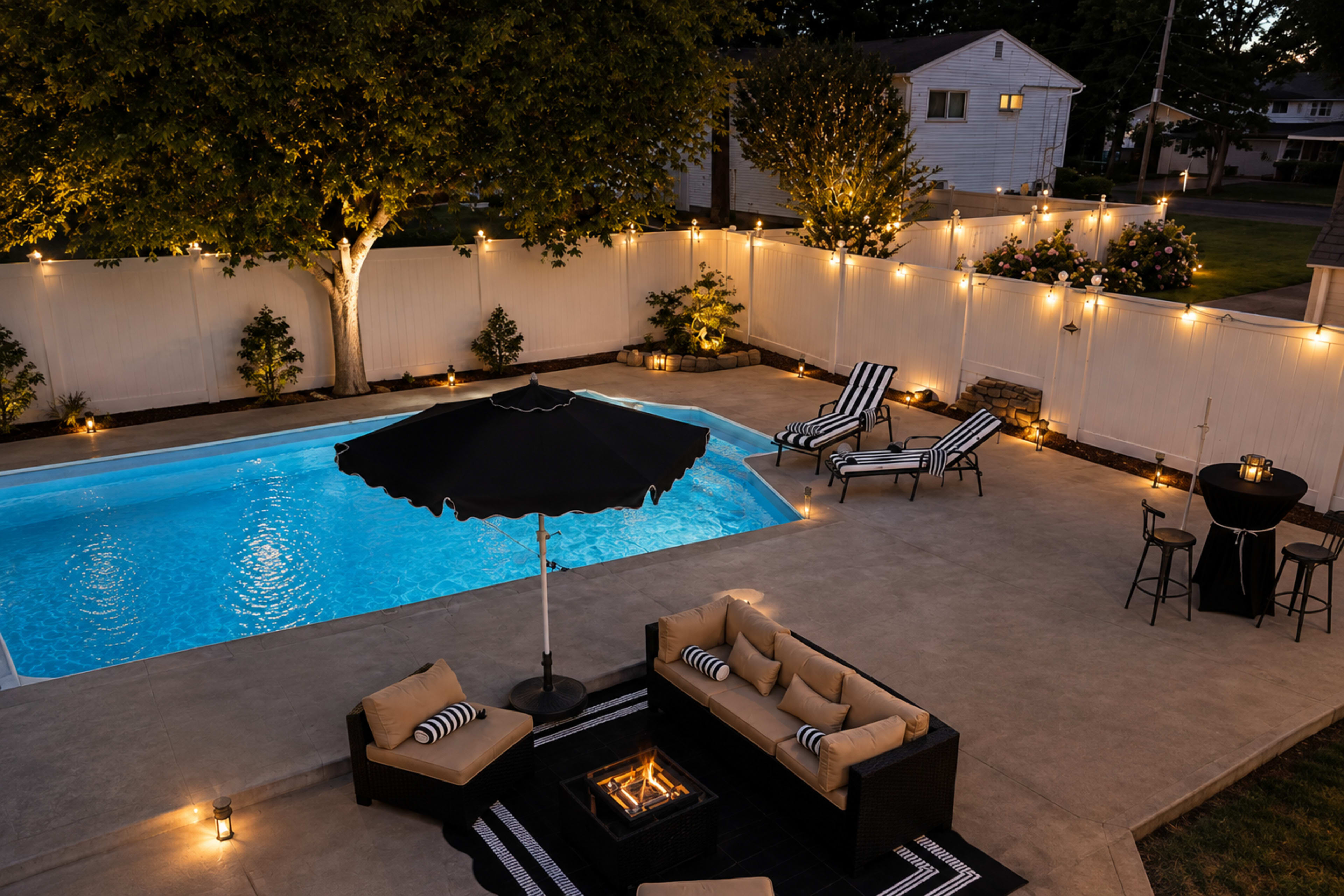 The scene features a well-lit backyard pool area with a blue swimming pool, outdoor seating, an umbrella, and decorative lighting along the fence.