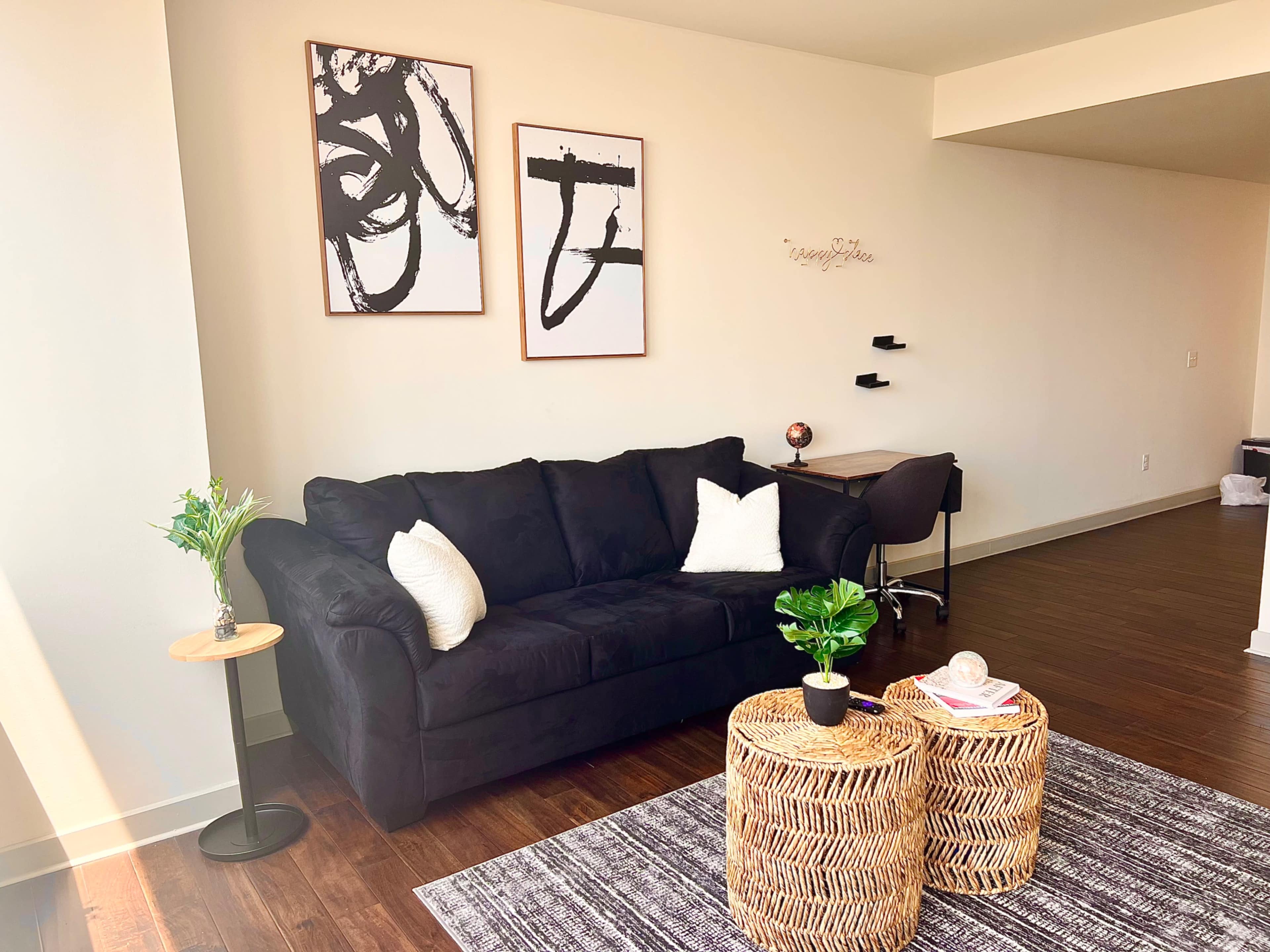 A modern living room with a black couch, two round wicker tables, a potted plant, and abstract wall art.