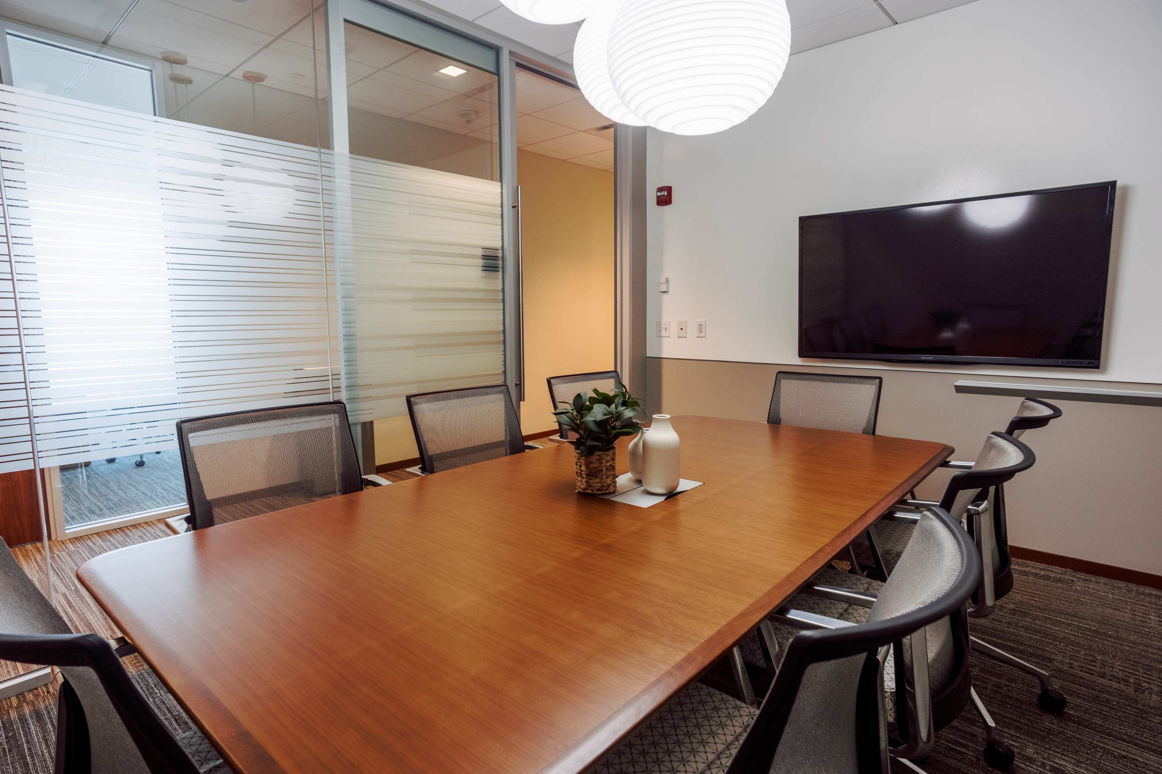 The image shows a modern conference room with a large wooden table surrounded by ergonomic chairs, a potted plant centerpiece, and a wall-mounted television.