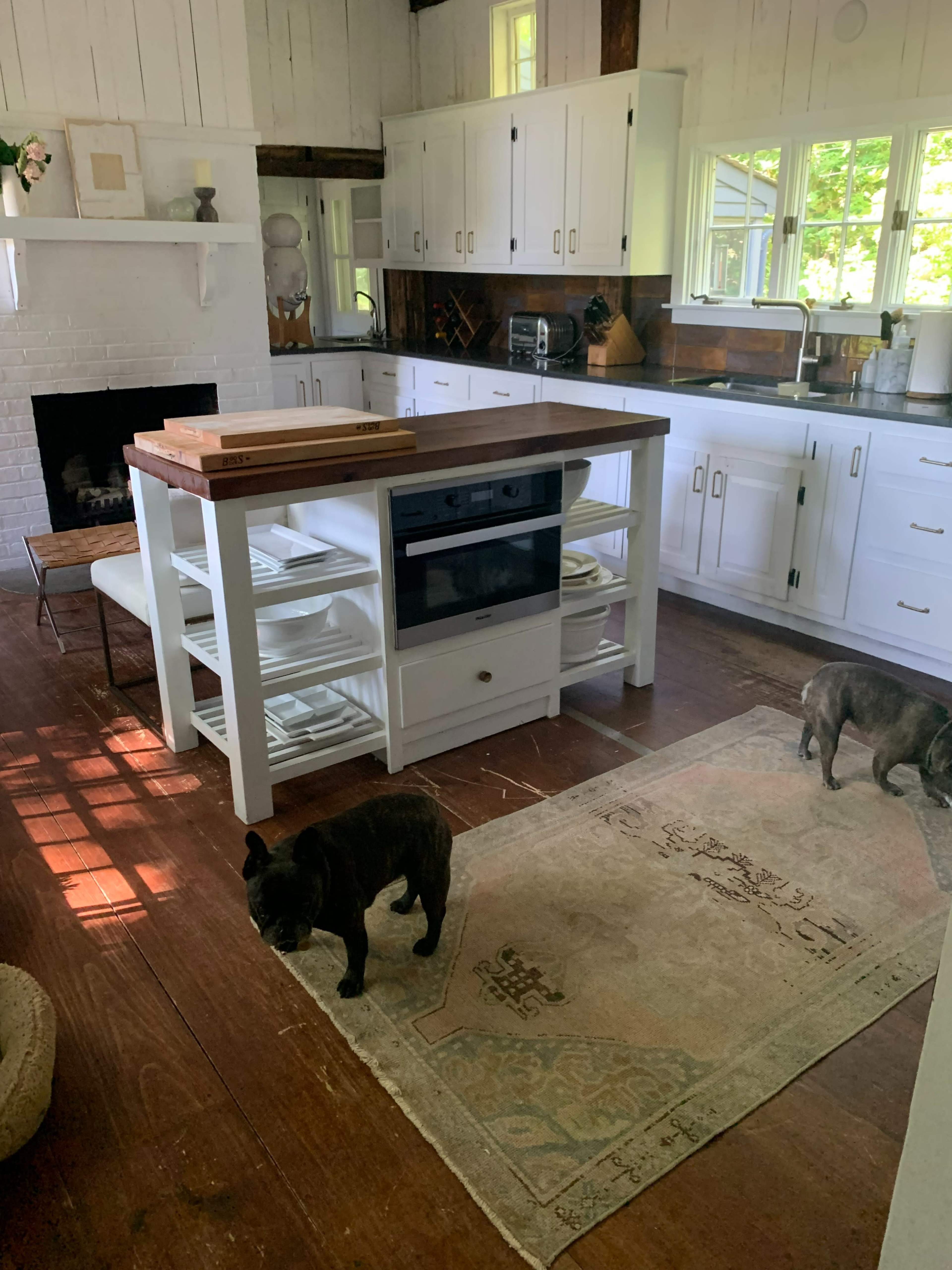 A kitchen features a central island with a wooden countertop, an oven underneath, and two dogs on a patterned rug.