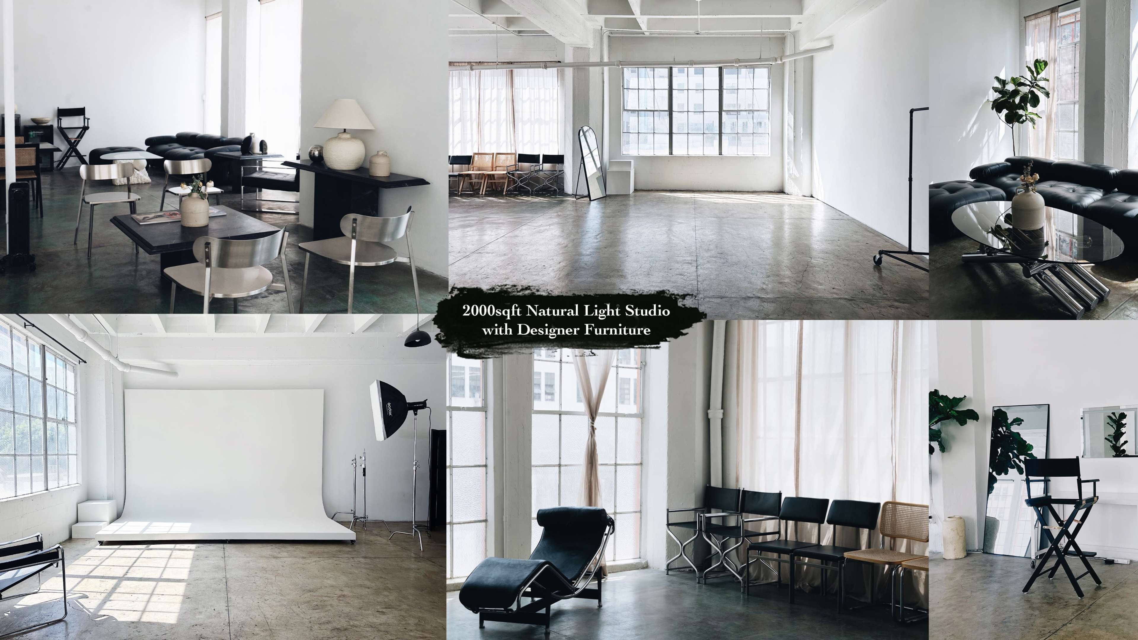 *Discounted Rate* Huge Corner Loft Studio with Limewash Concrete Wall, Cyc Wall, Designer Furniture, A/C and Lighting Eq Included Image in Central LA, Los Angeles, CA