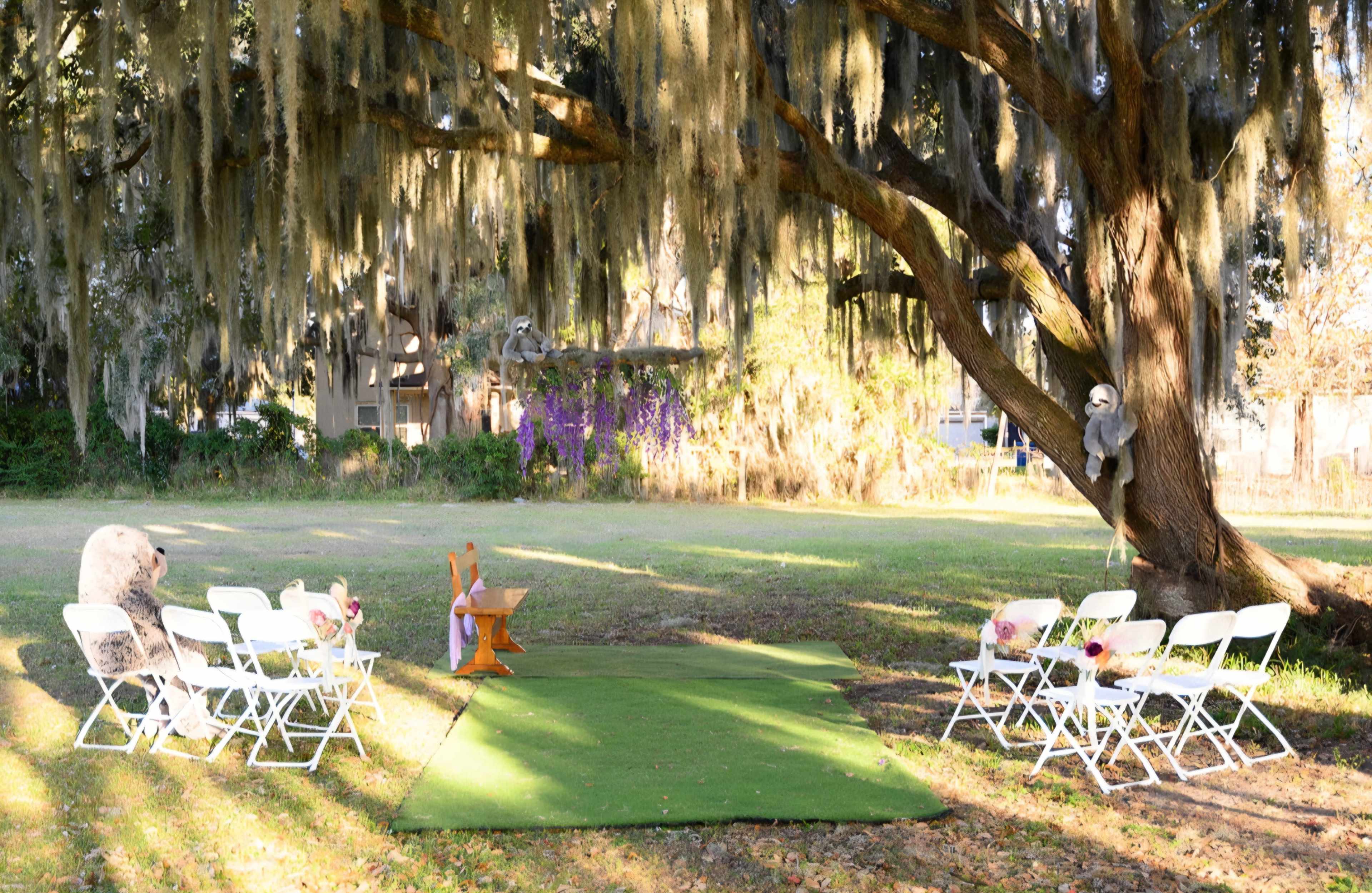 An outdoor ceremony area is set up under a large tree, featuring a green carpet, a wooden altar, and white folding chairs arranged in a semi-circle.