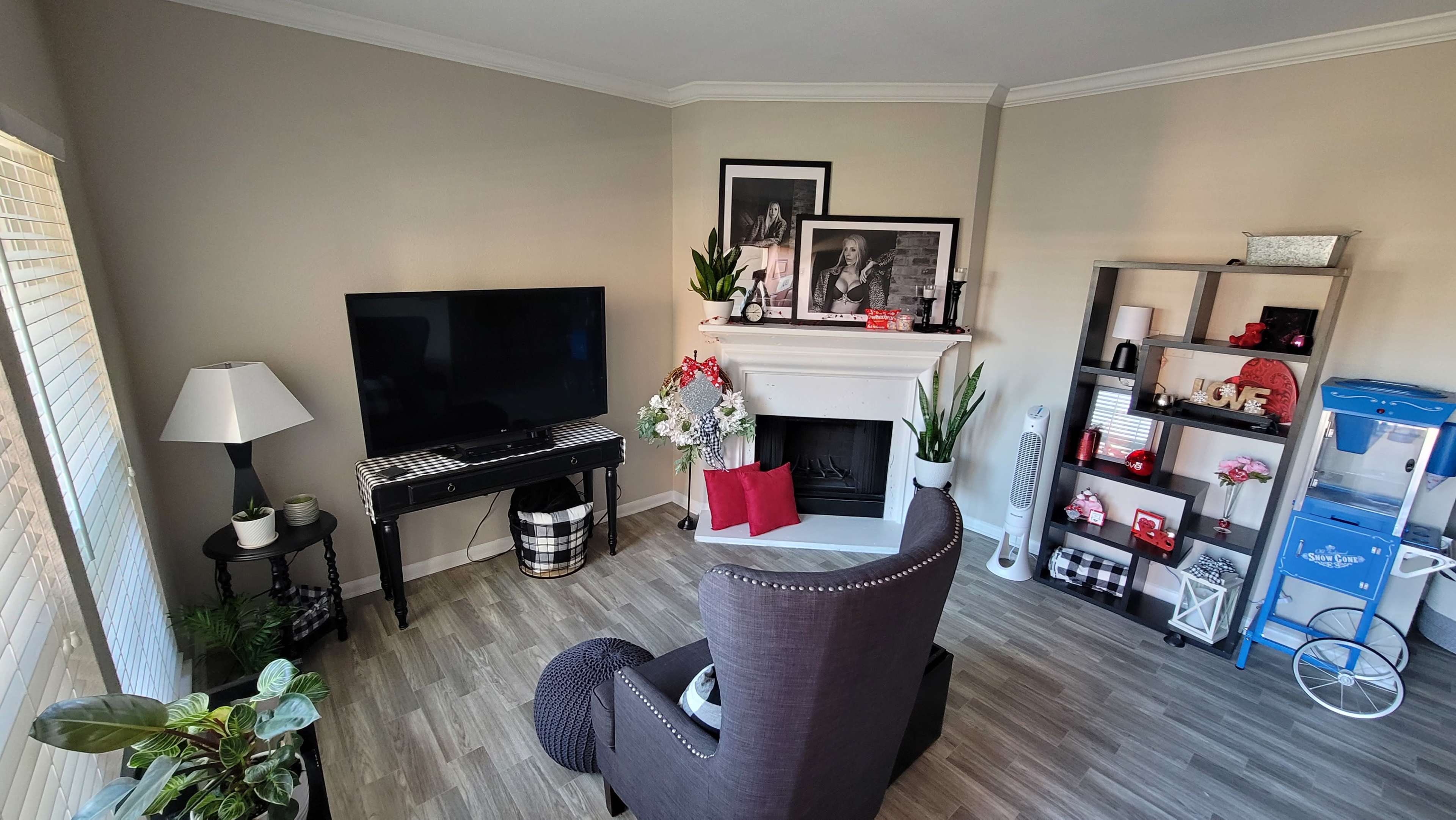A cozy living room features a television on a console, a fireplace with framed photos, and a bookshelf displaying decorative items.