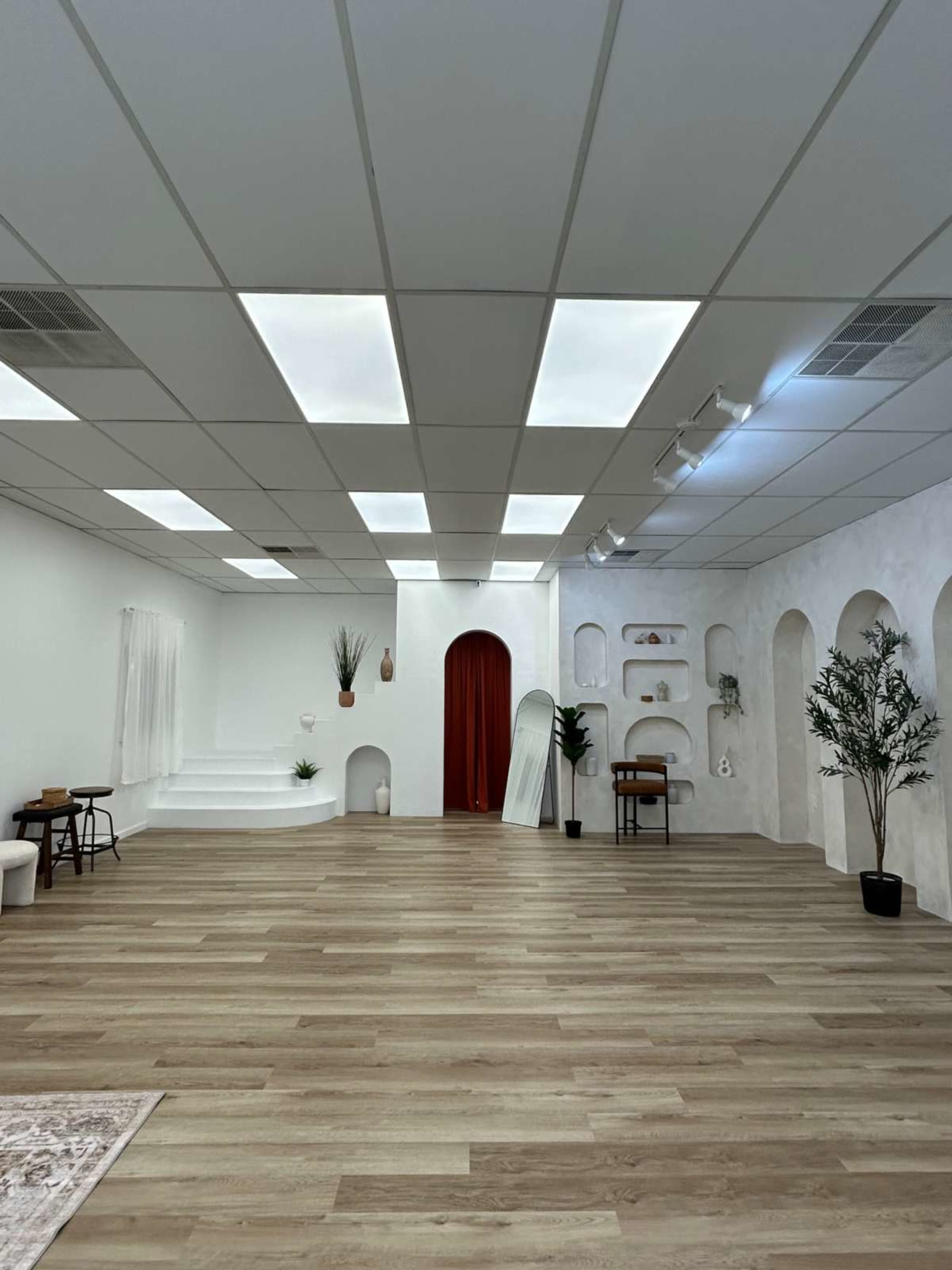 The image depicts a spacious, well-lit room featuring white walls with decorative arches, wooden flooring, and several plants.
