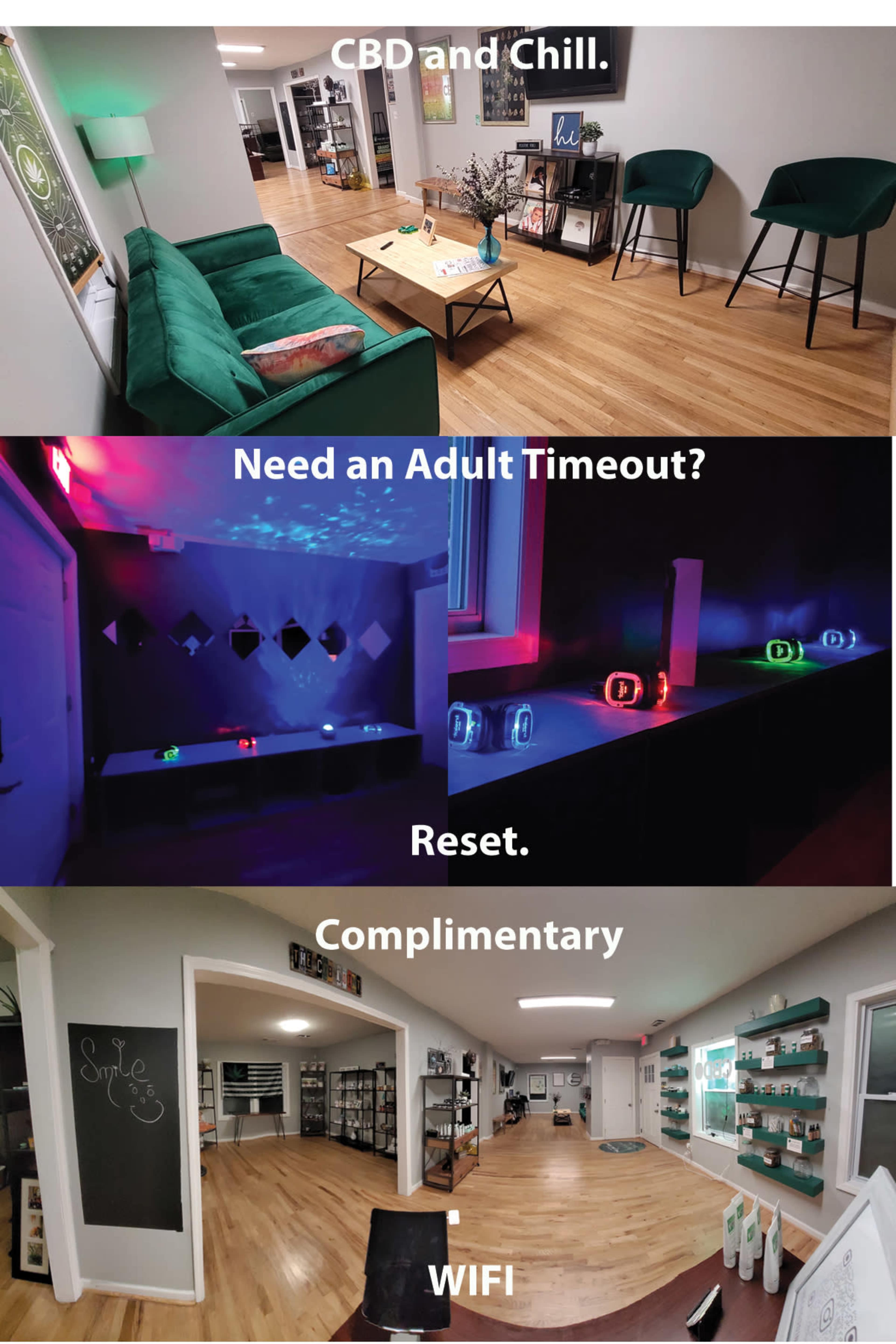 A modern relaxation space with green seating, ambient lighting, and areas designated for CBD use, along with promotional text encouraging a restful experience.