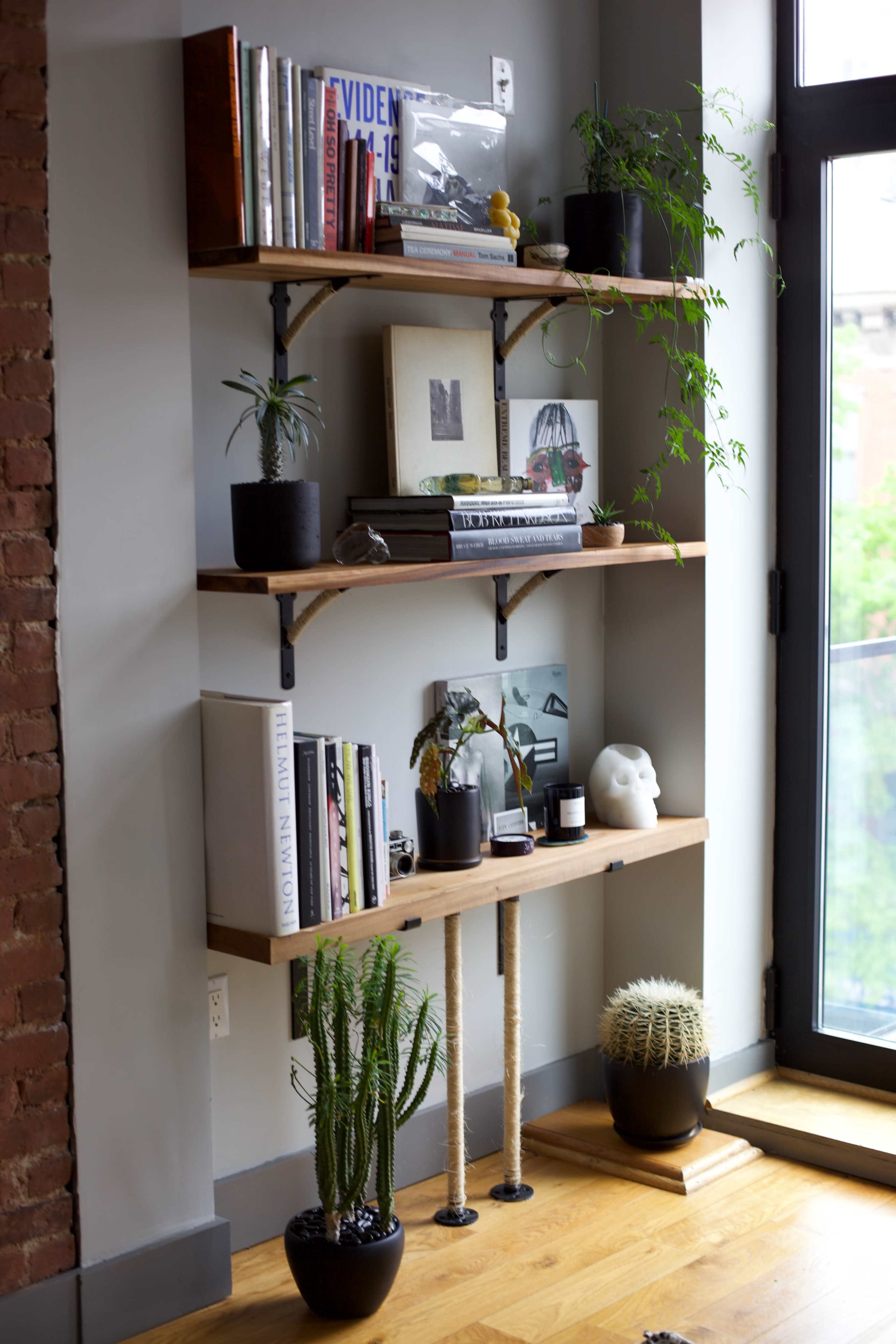 A corner of a room featuring wooden shelves filled with books, plants, and decorative items, beside a large window with natural light.