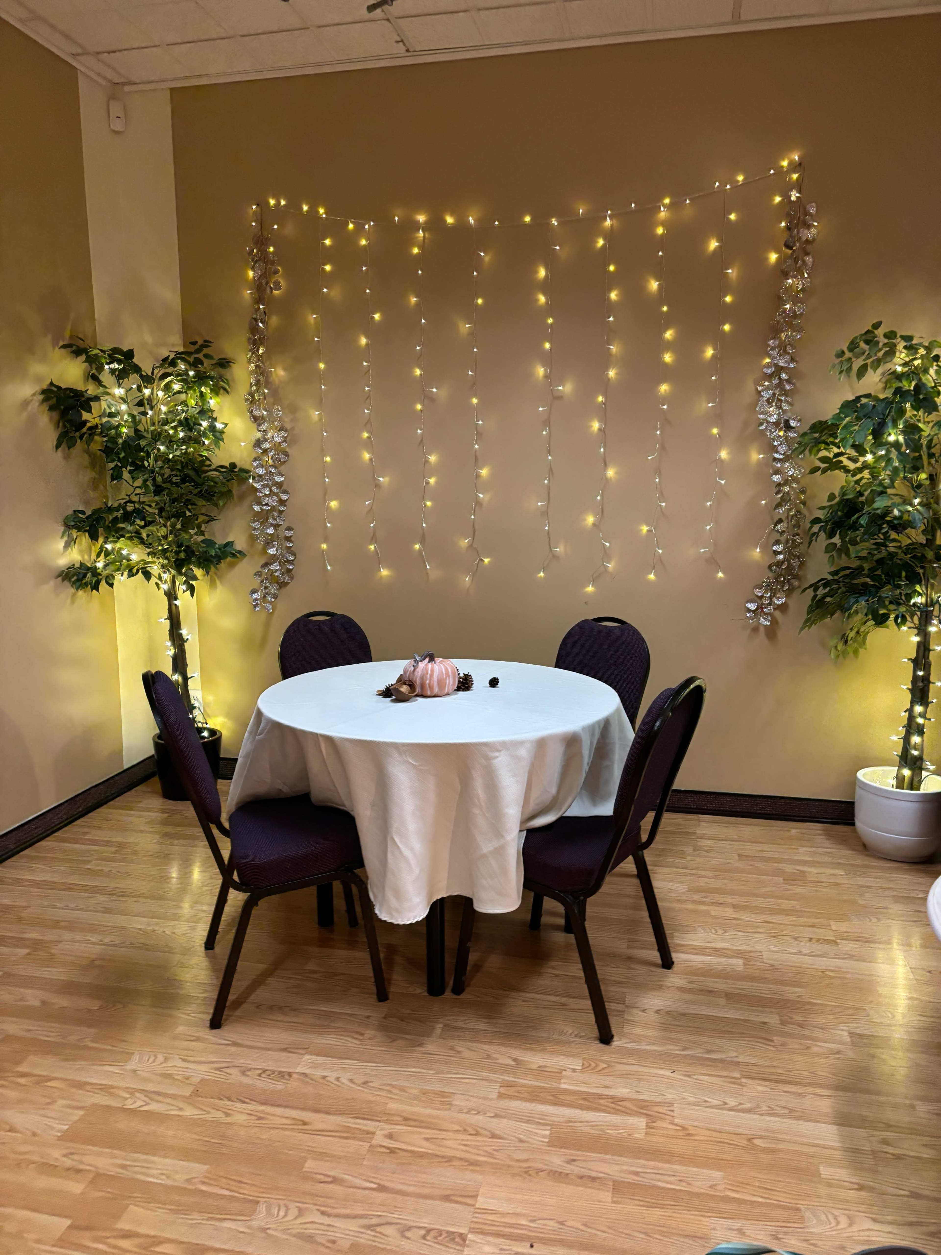 A round table with a white tablecloth and four chairs is set against a decorated wall featuring fairy lights and artificial plants.