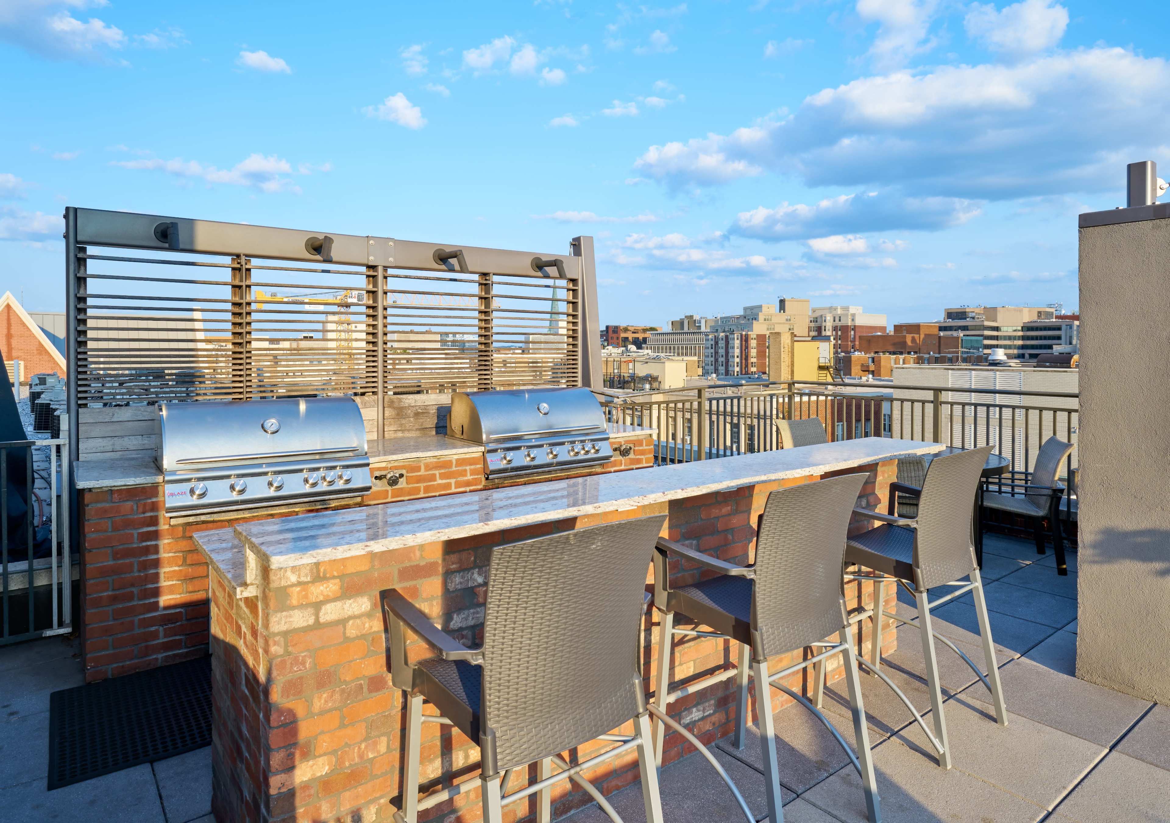 The image shows a rooftop area featuring two stainless steel grills and a long bar with four chairs, overlooking a city skyline under a partly cloudy sky.