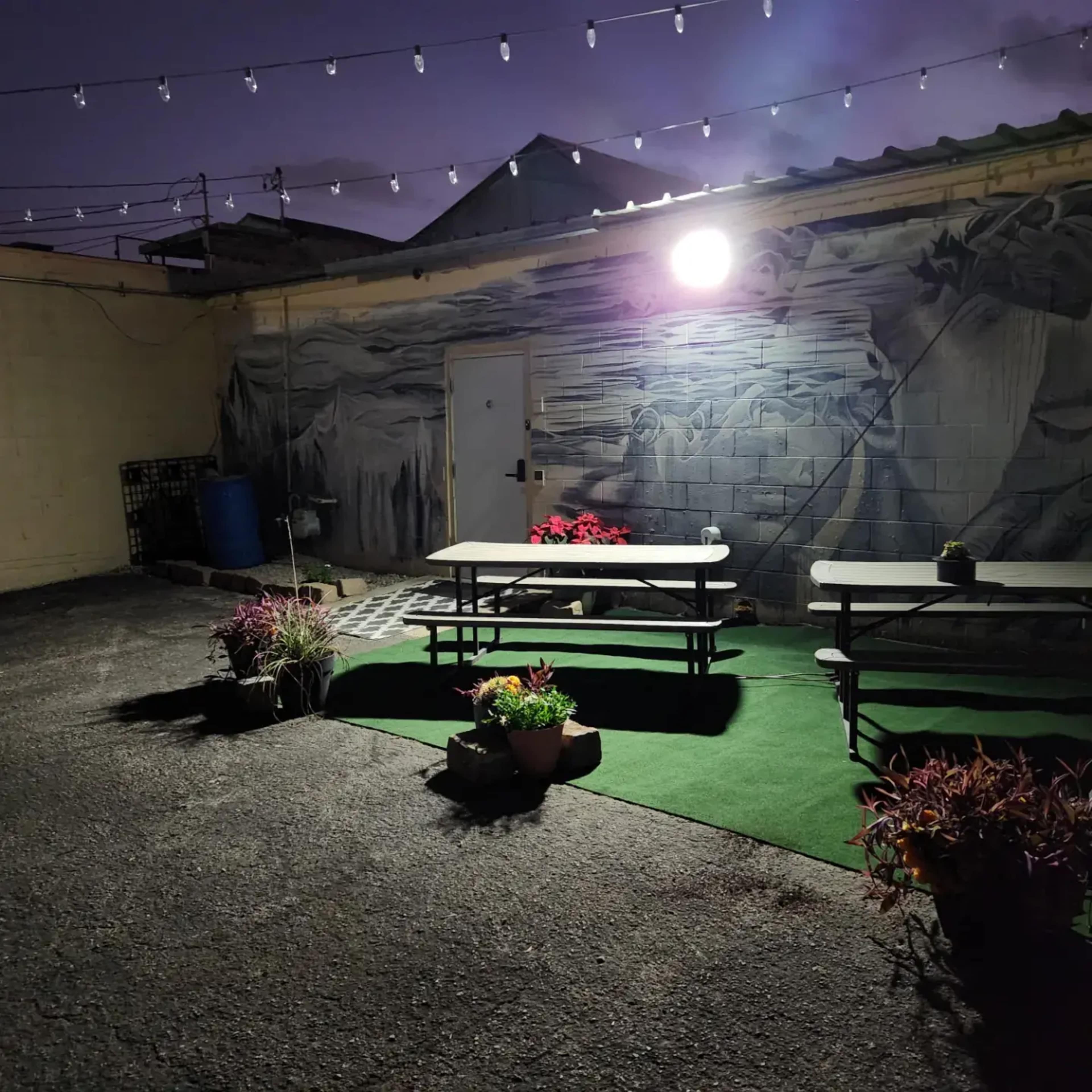 A small outdoor area features picnic tables surrounded by potted plants, with a mural on the wall illuminated by a light overhead.