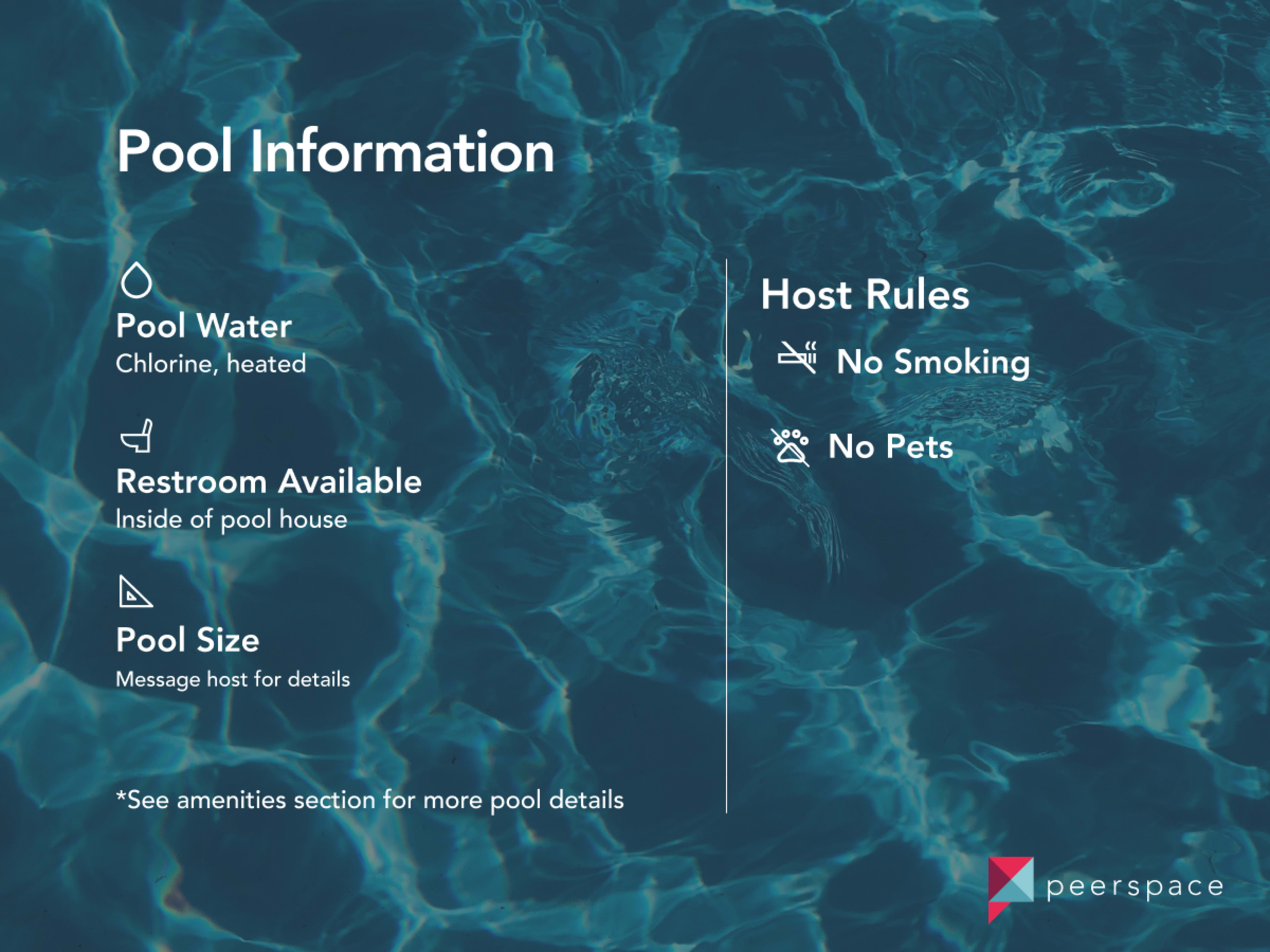 Important information about a pool, including the pool's water type, restroom availability, and host rules regarding smoking and pets.