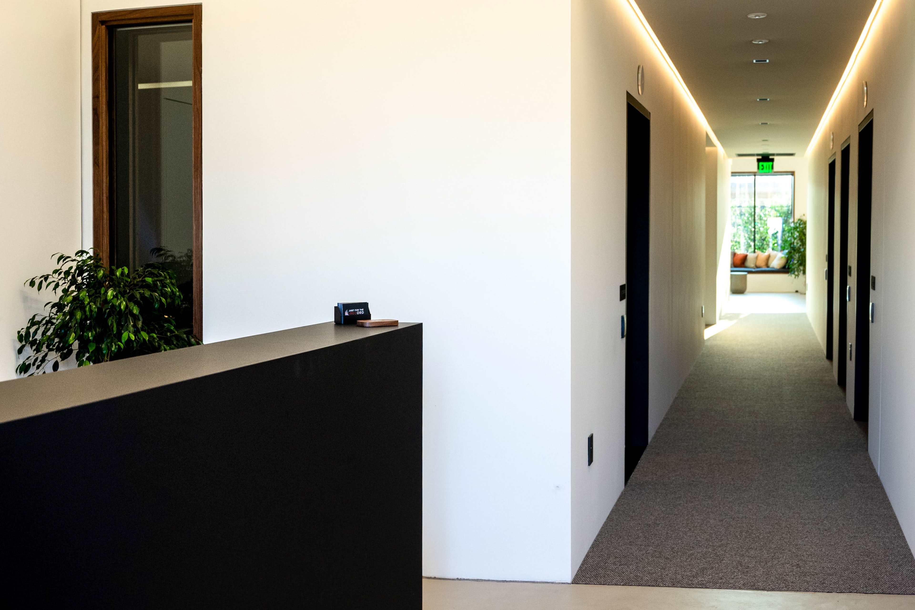 The image shows a modern office interior featuring a black reception desk, a plant, and a long corridor lined with white walls and carpet.