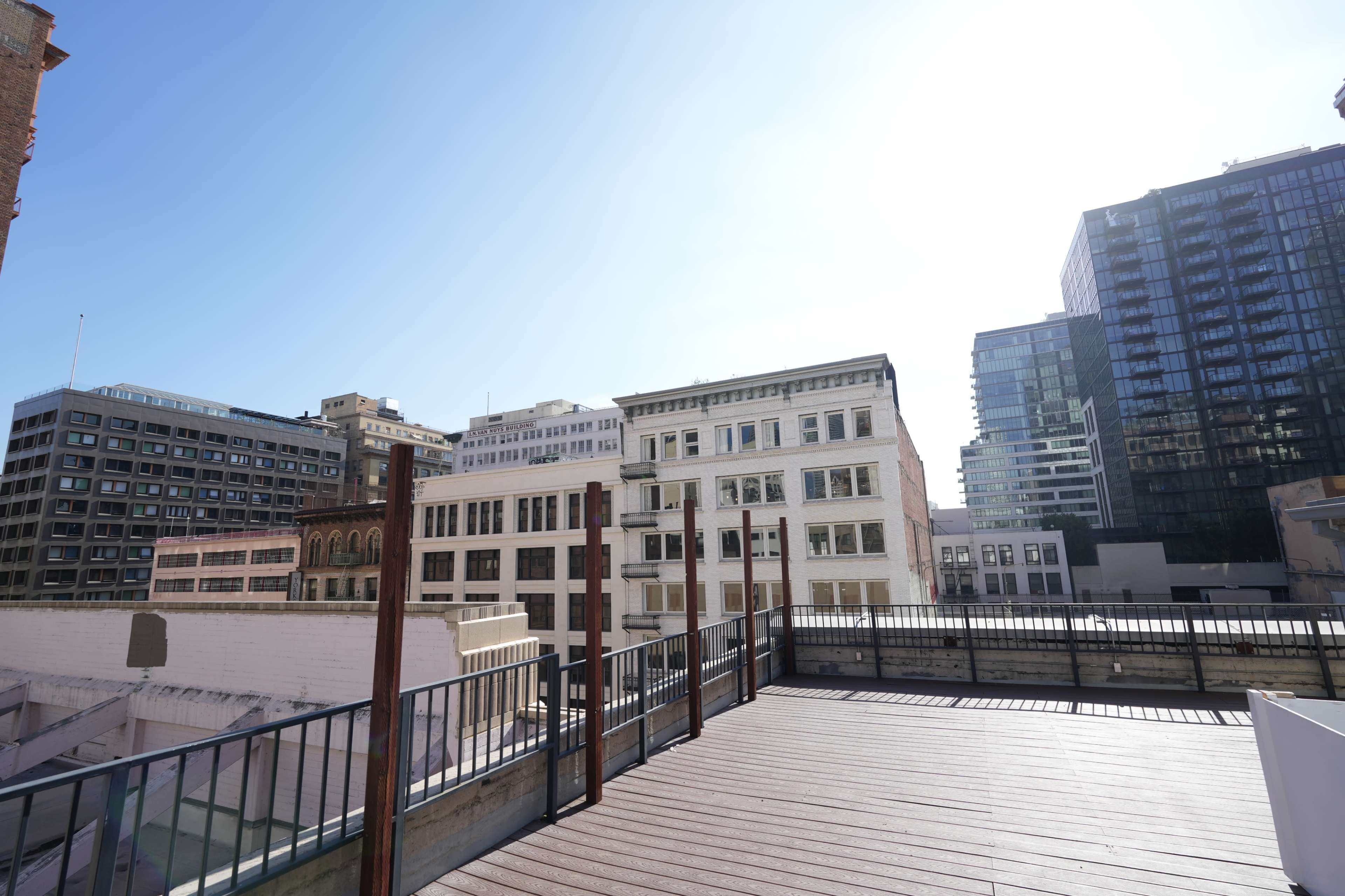 The image shows a rooftop view overlooking a mix of historic and modern buildings under a clear blue sky.