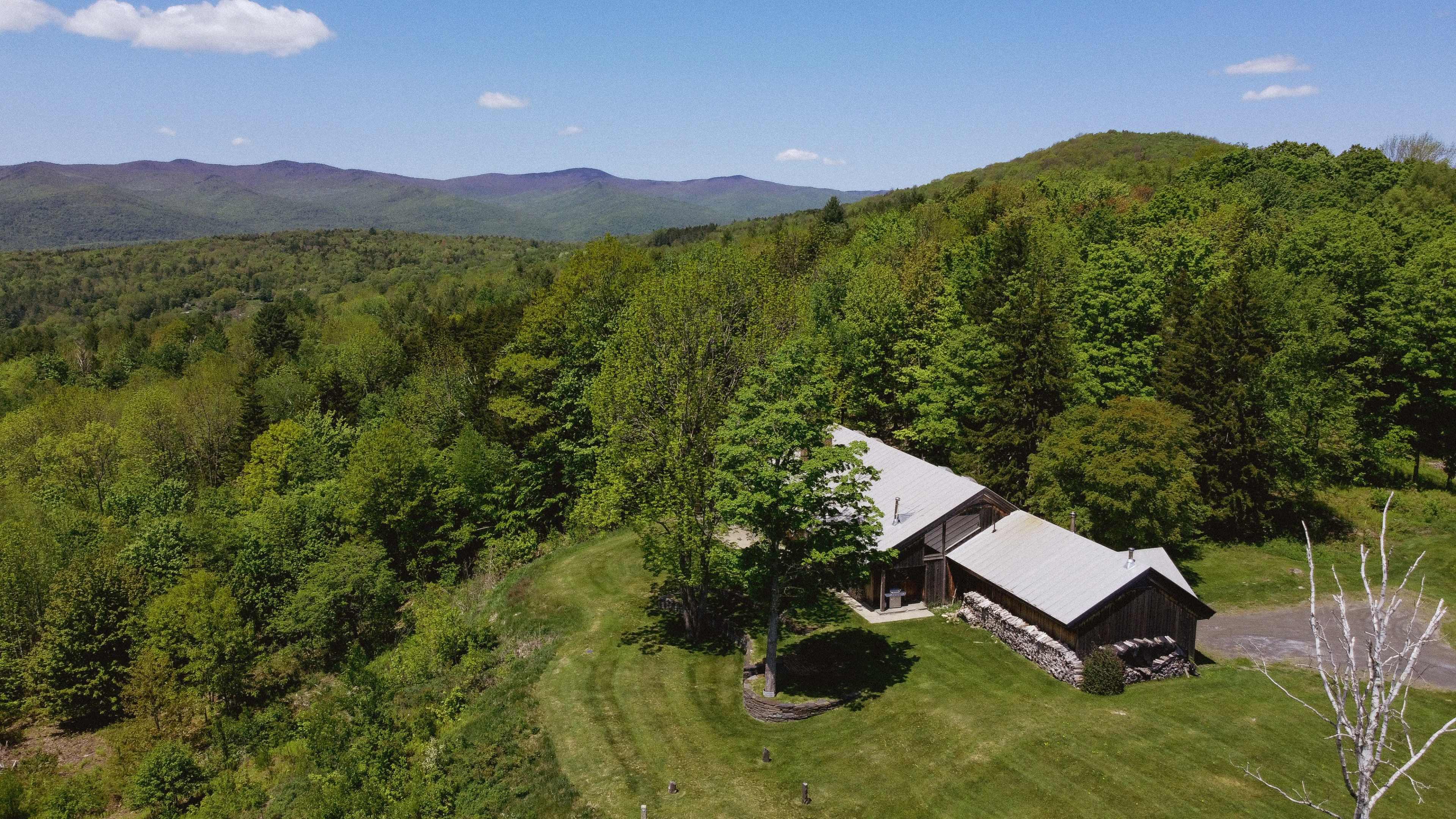 A wooden cabin with a metal roof is situated on a grassy area surrounded by dense trees and distant mountains.