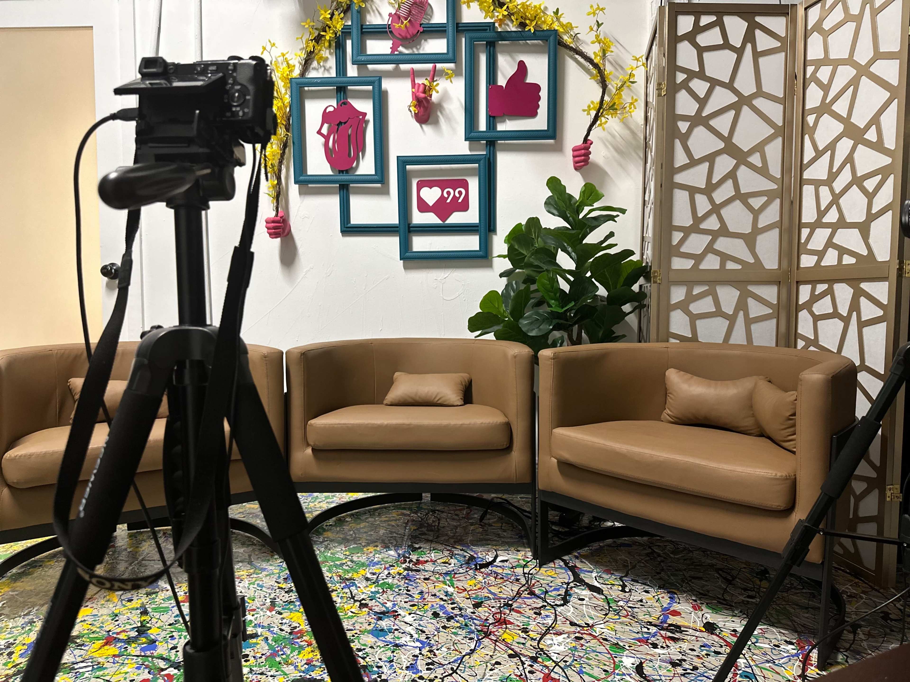A cozy seating area with two brown chairs positioned in front of a wall adorned with decorative frames and a leafy plant, all arranged on a colorful, splattered floor.