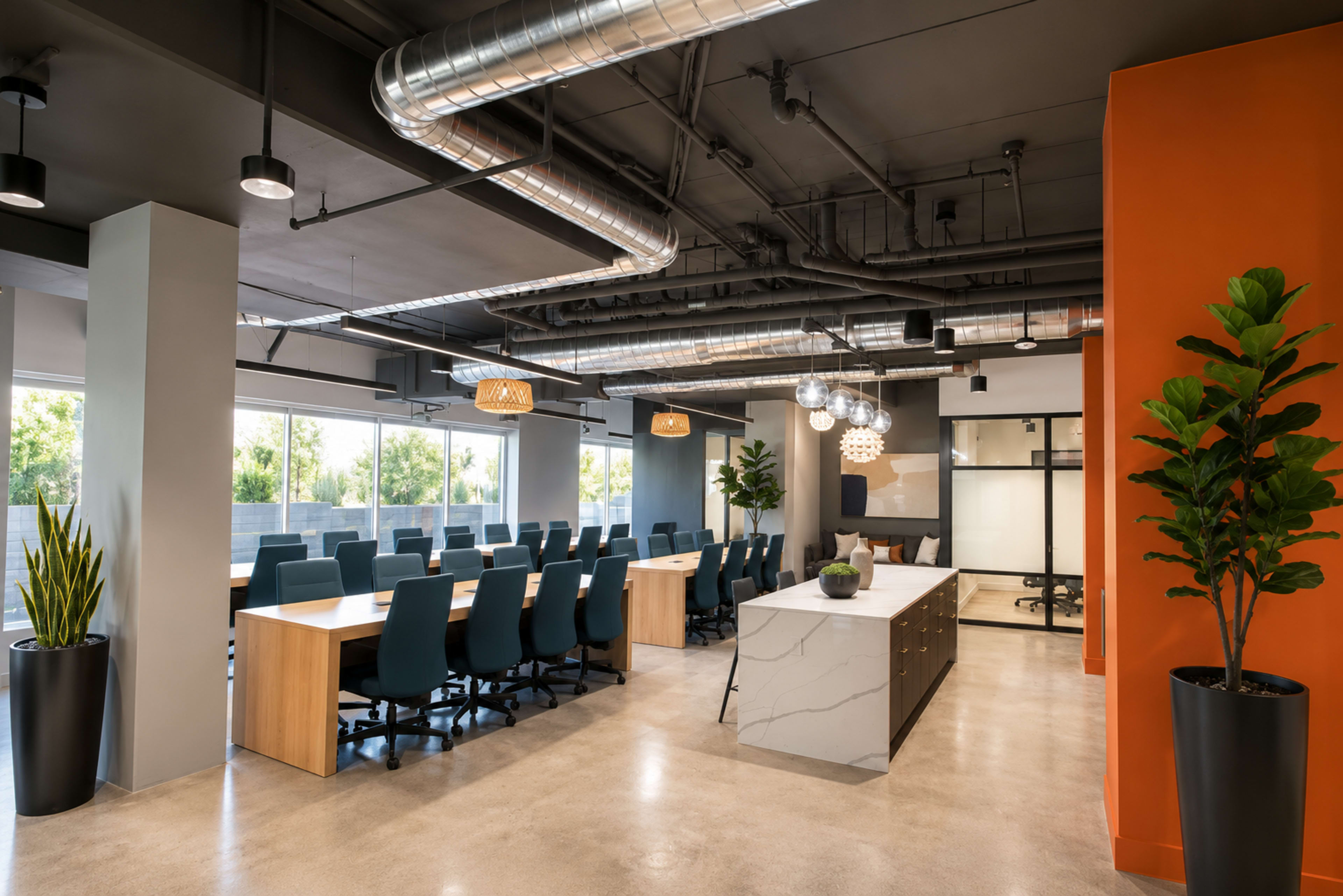 The image shows a modern office space featuring a long table with chairs, large windows, minimalist decor, and plants.