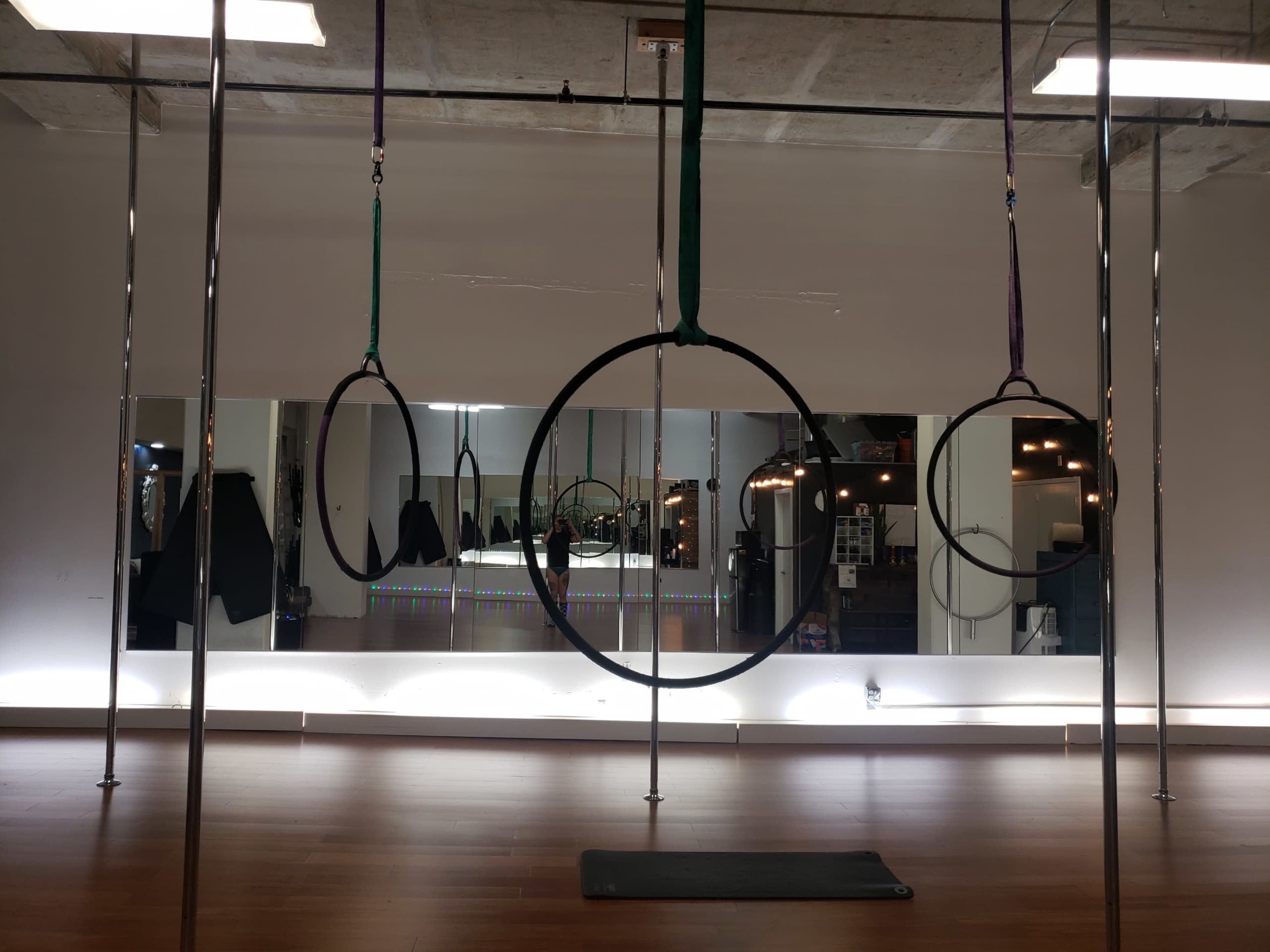 A spacious gym studio featuring three aerial hoops suspended from the ceiling, with a mirrored wall in the background.