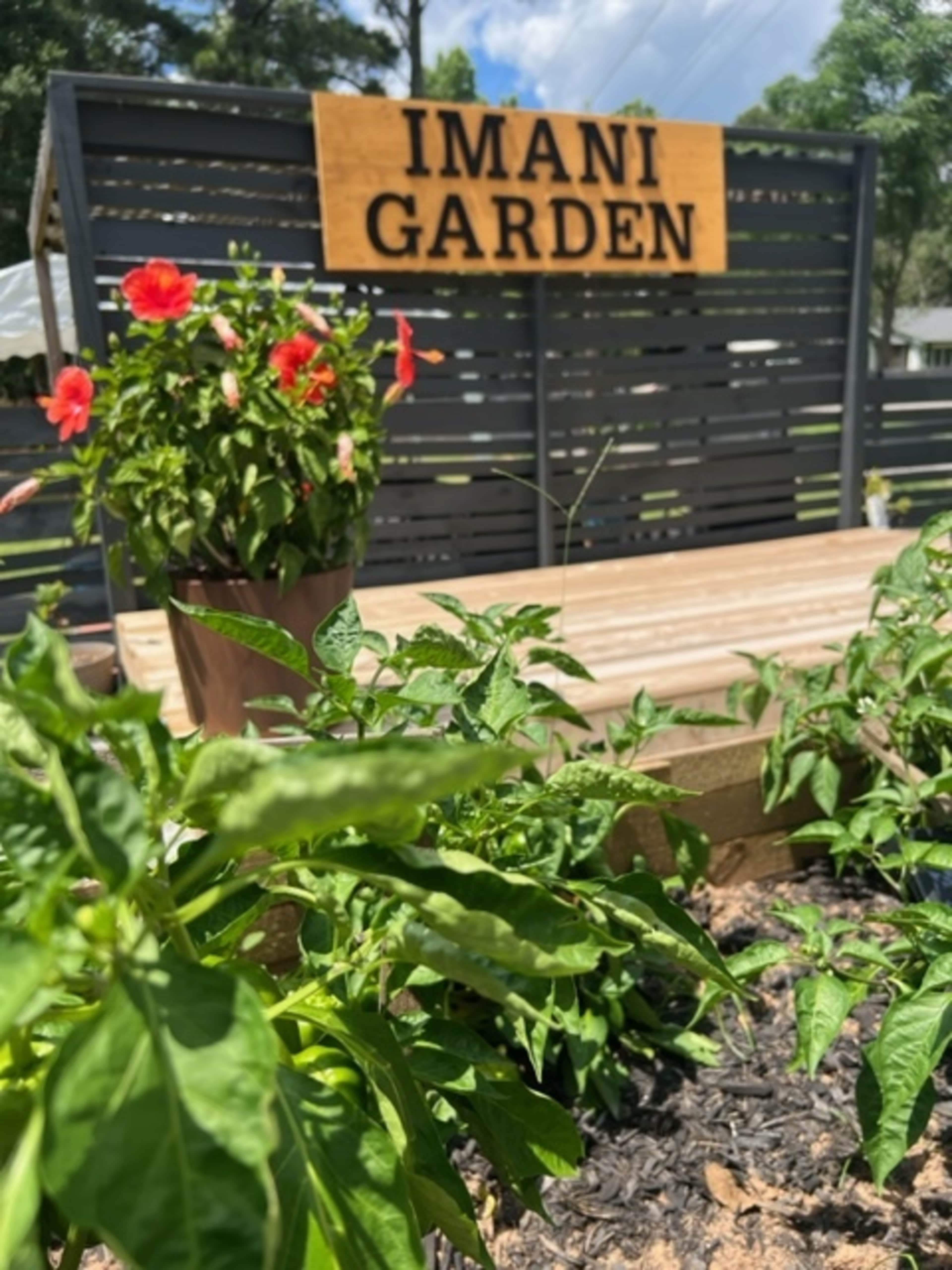 A wooden sign reading "IMANI GARDEN" is positioned above a raised garden bed with green plants and a flowering pot in the foreground.
