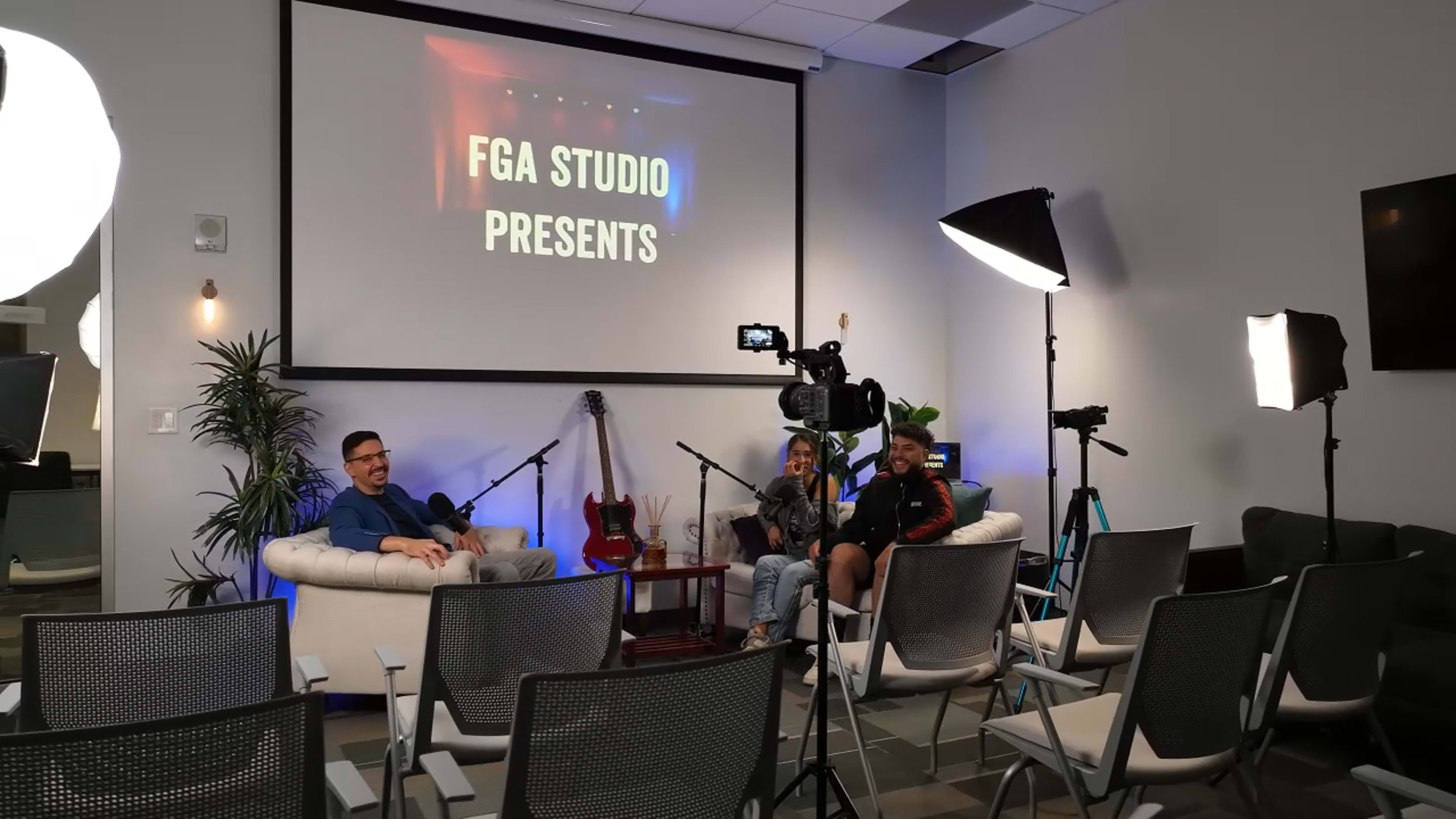 Modern Studio for Podcasts, Panels & Video Production w/ Live Audience Event Setup Image in Downtown Miami, Miami, FL