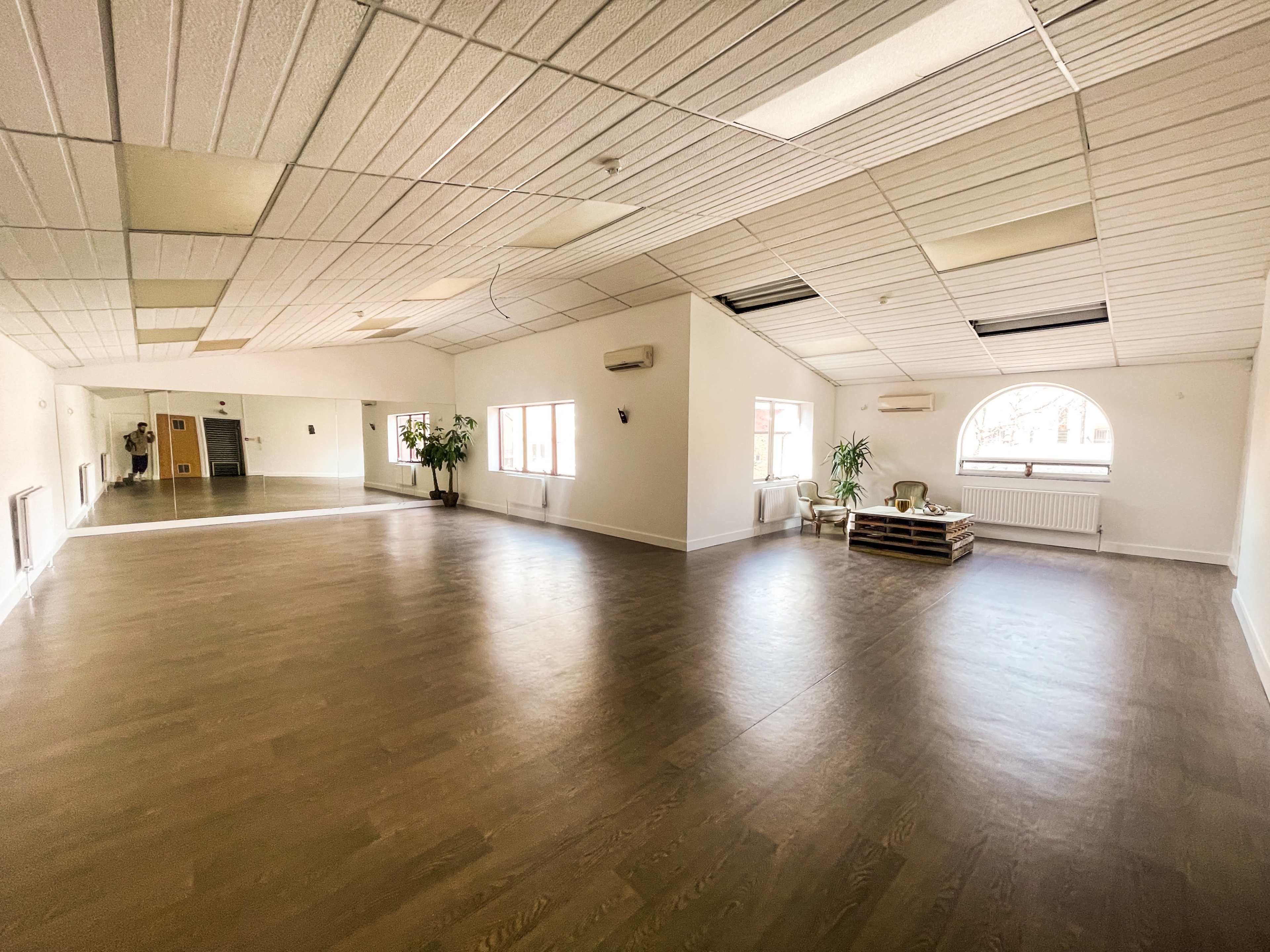 The image shows a spacious, well-lit room with wooden flooring, large windows, and potted plants along the walls.