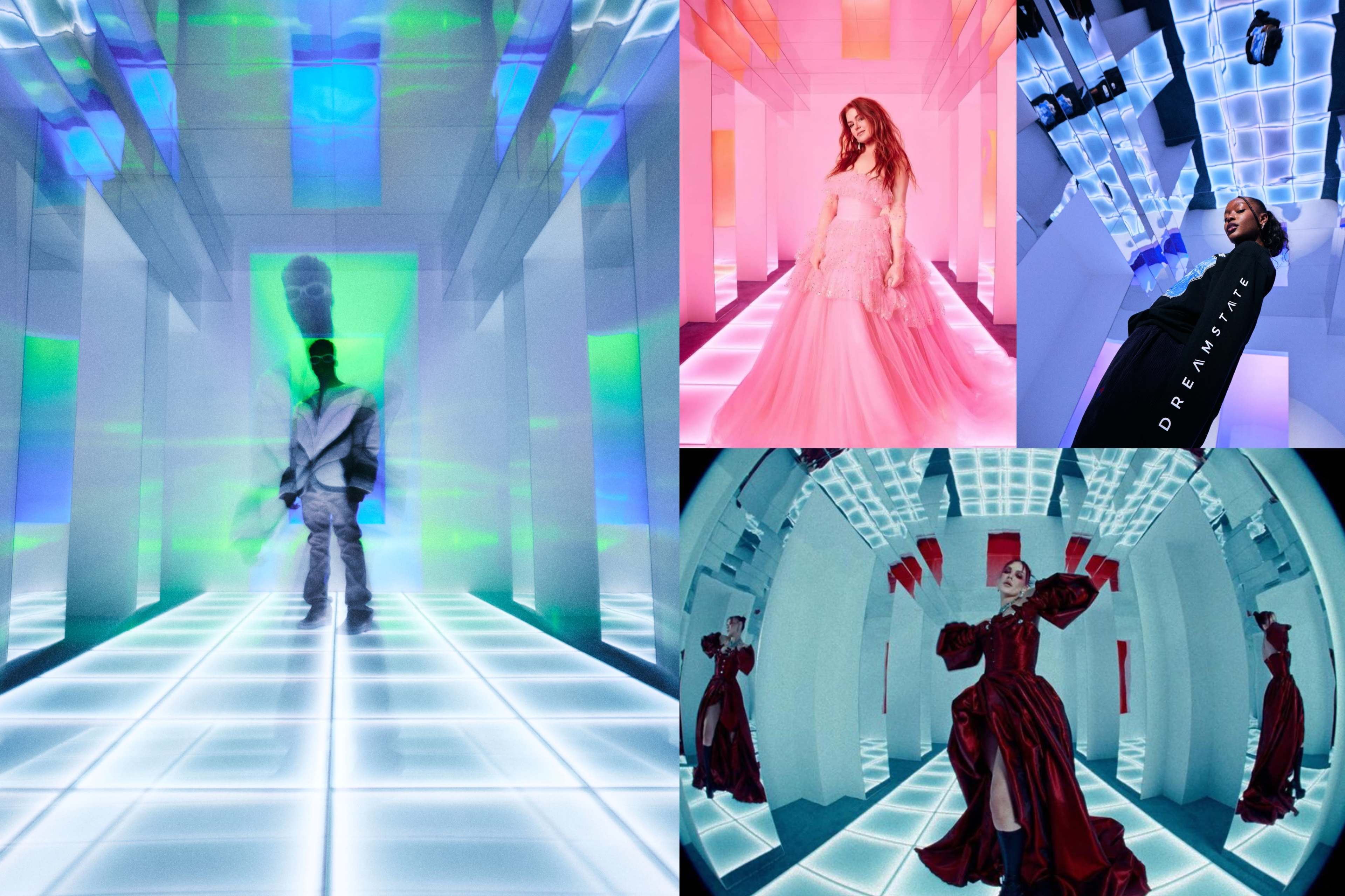 Four distinct scenes of individuals modeling stylish outfits in a vibrant, futuristic-lit environment with geometric patterns and colorful lighting.