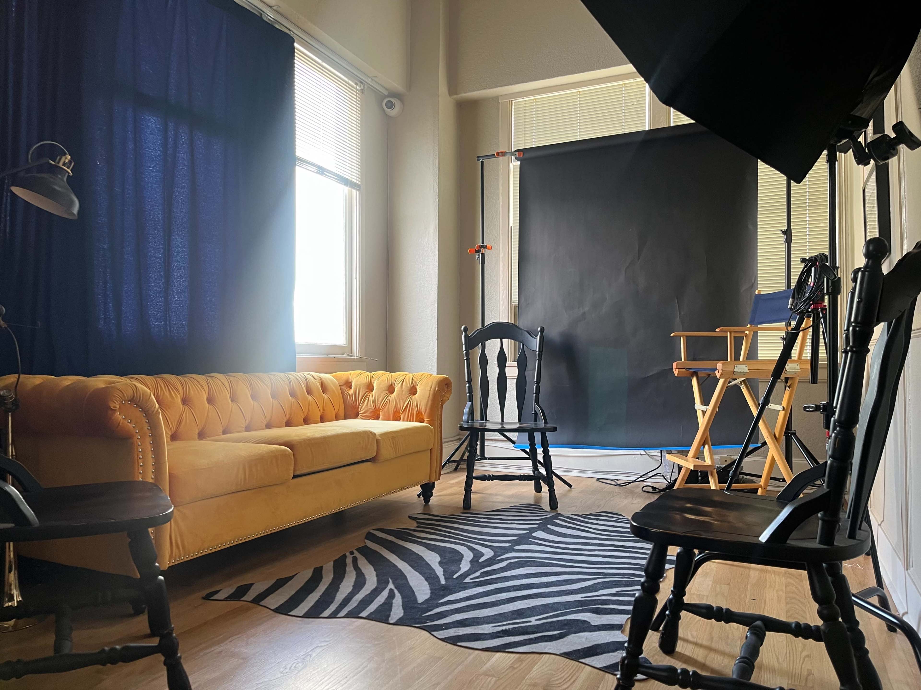 The image shows a styled photography studio featuring a yellow tufted sofa, a zebra-striped rug, and various lighting and equipment setups.