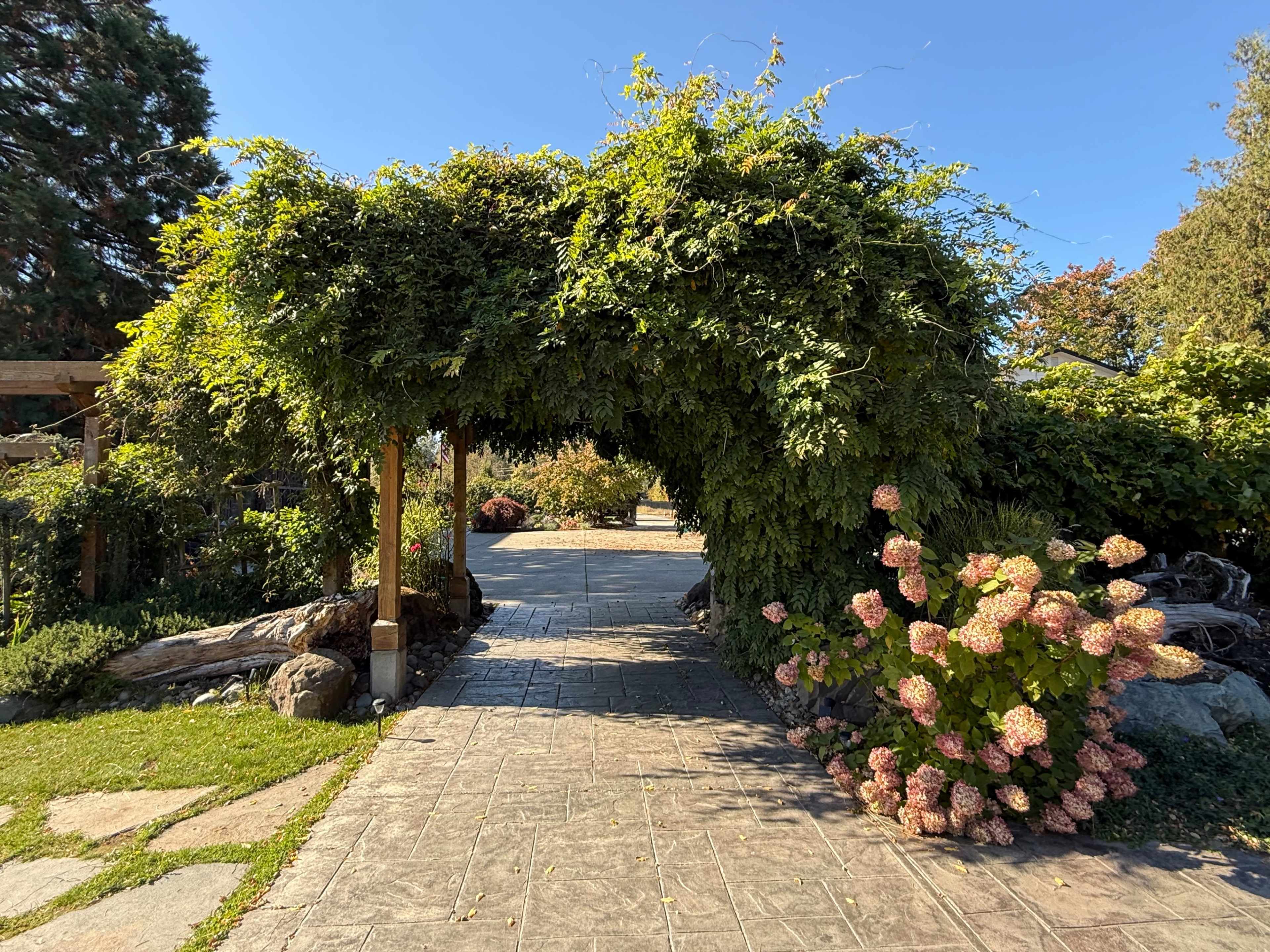 A covered archway draped in greenery leads to a stone pathway lined with flowers and plants.