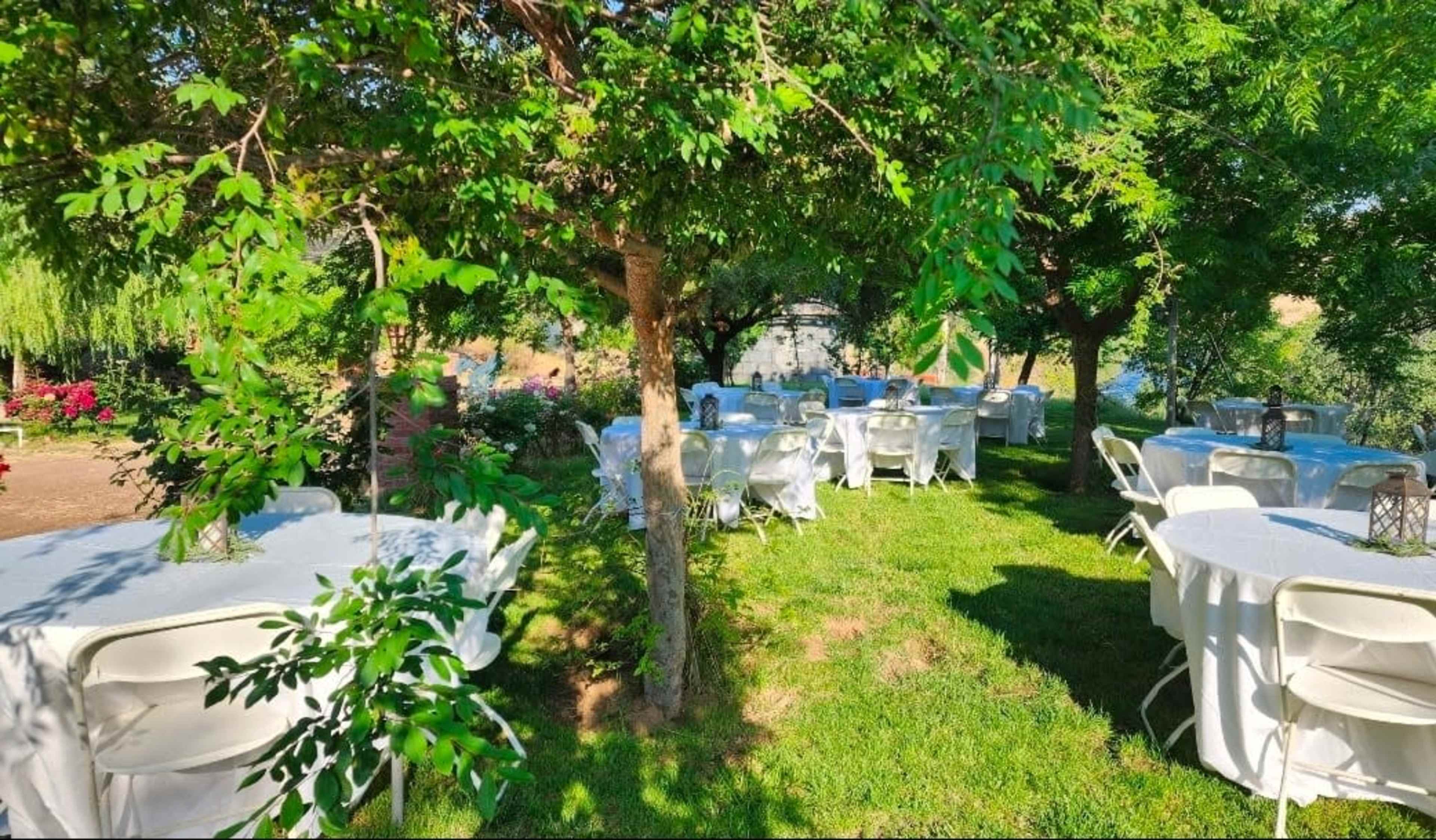 A garden setting features several round tables covered with white tablecloths, surrounded by greenery and trees.