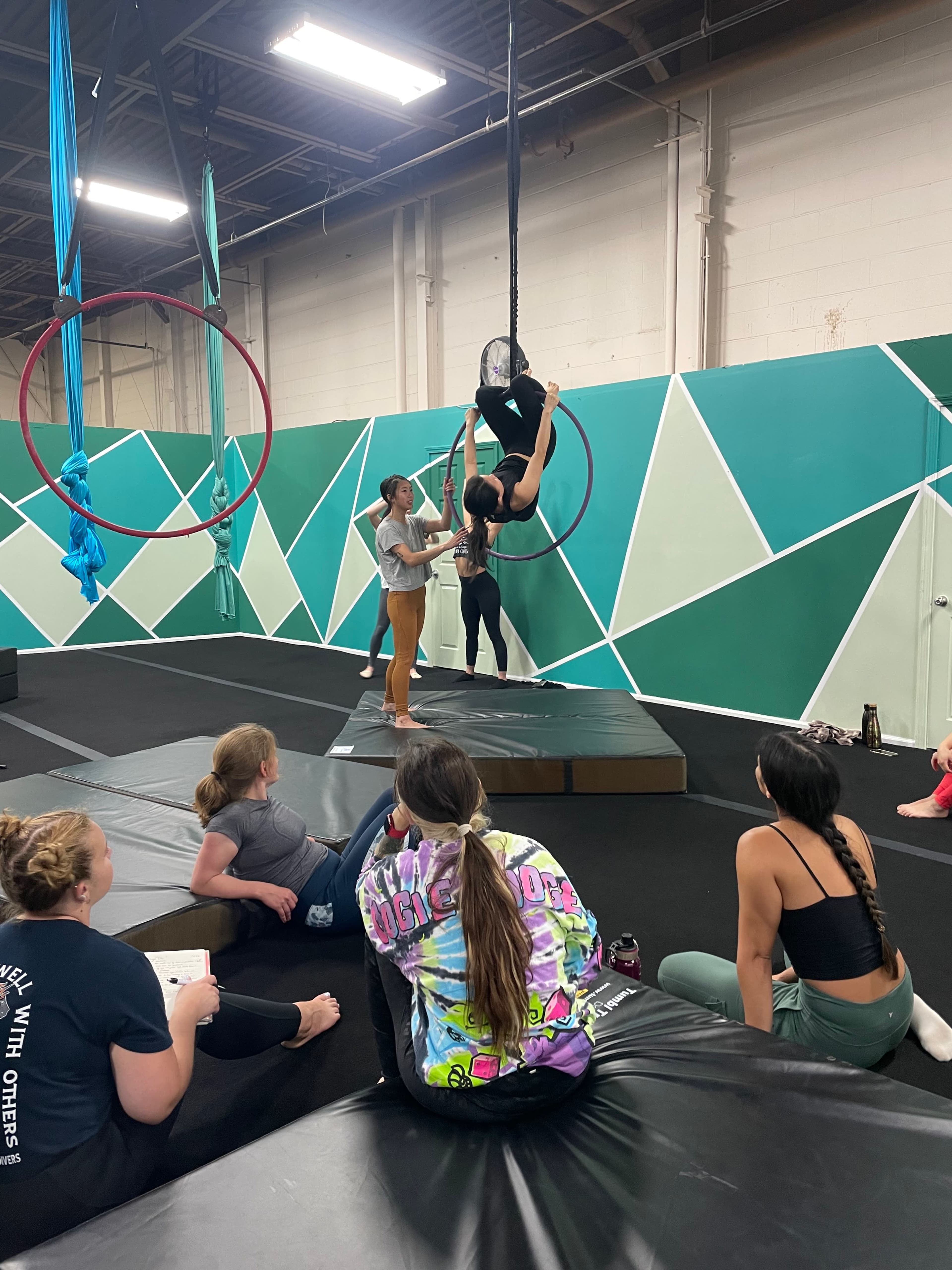 A group of individuals observes as one person demonstrates aerial skills on a hoop in a gym setting.