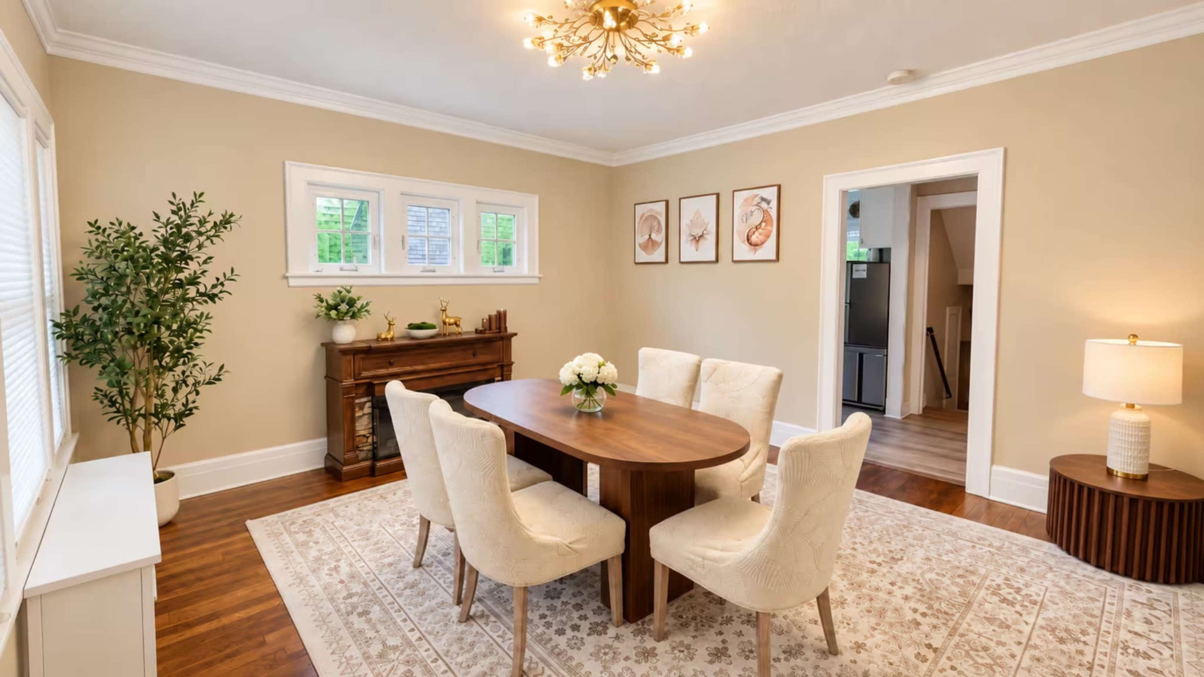 A dining room features a round wooden table surrounded by four upholstered chairs, with decorative artwork on the walls and a sideboard in the background.