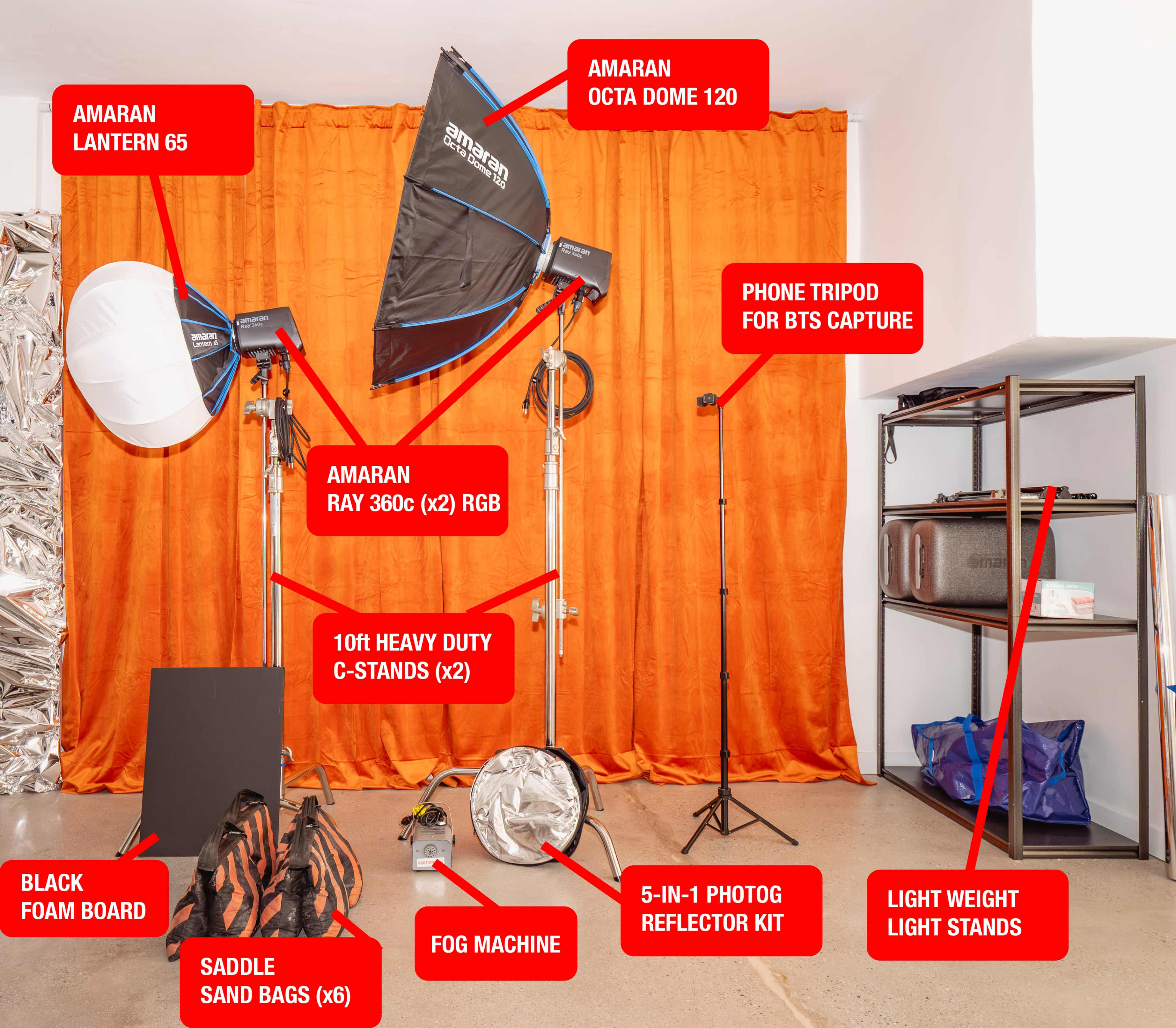 The image shows a photography setup featuring various lighting equipment, including softboxes, a fog machine, C-stands, and reflectors, arranged in front of an orange backdrop.