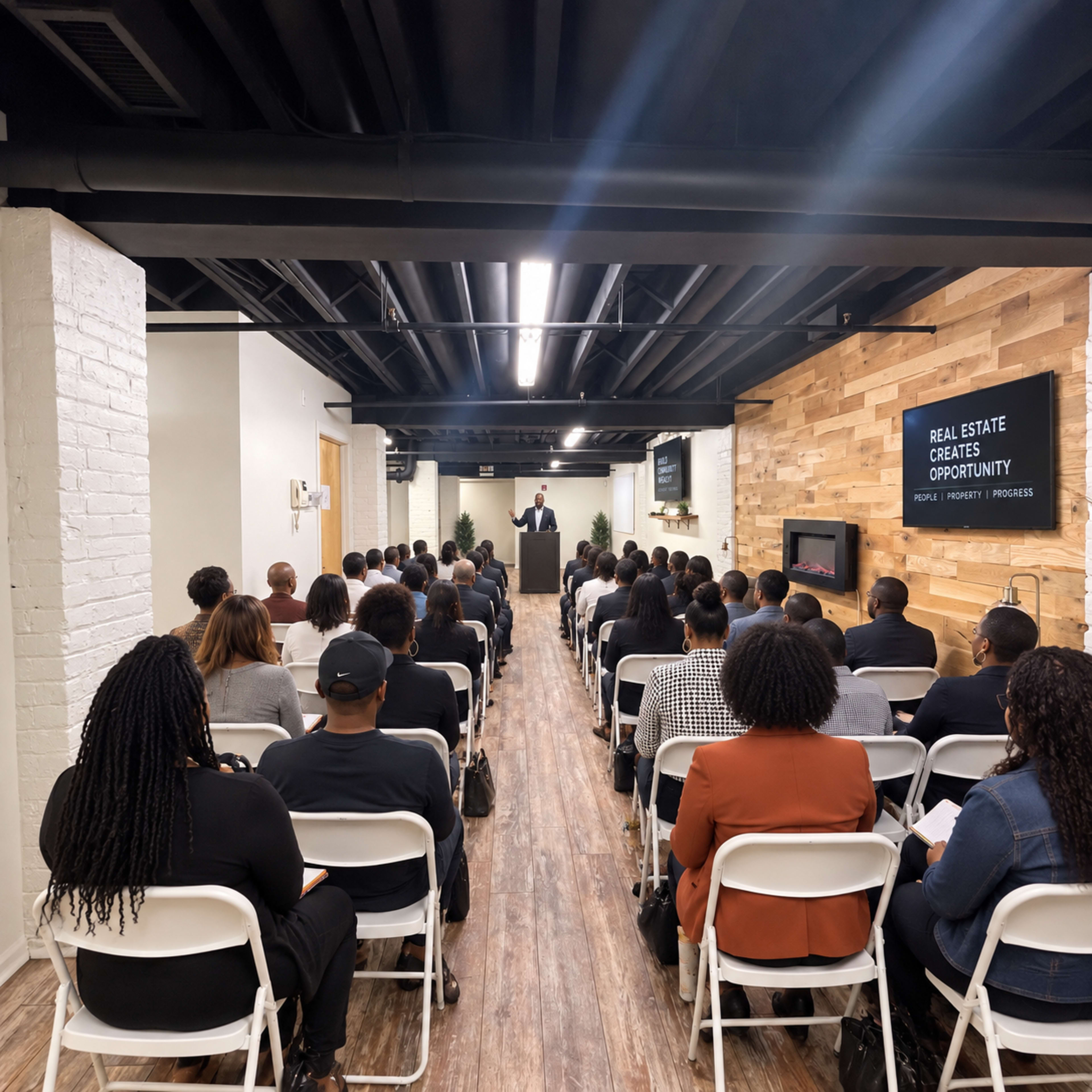 A speaker stands at a podium in front of a large audience seated in white chairs, listening attentively in a modern event space.